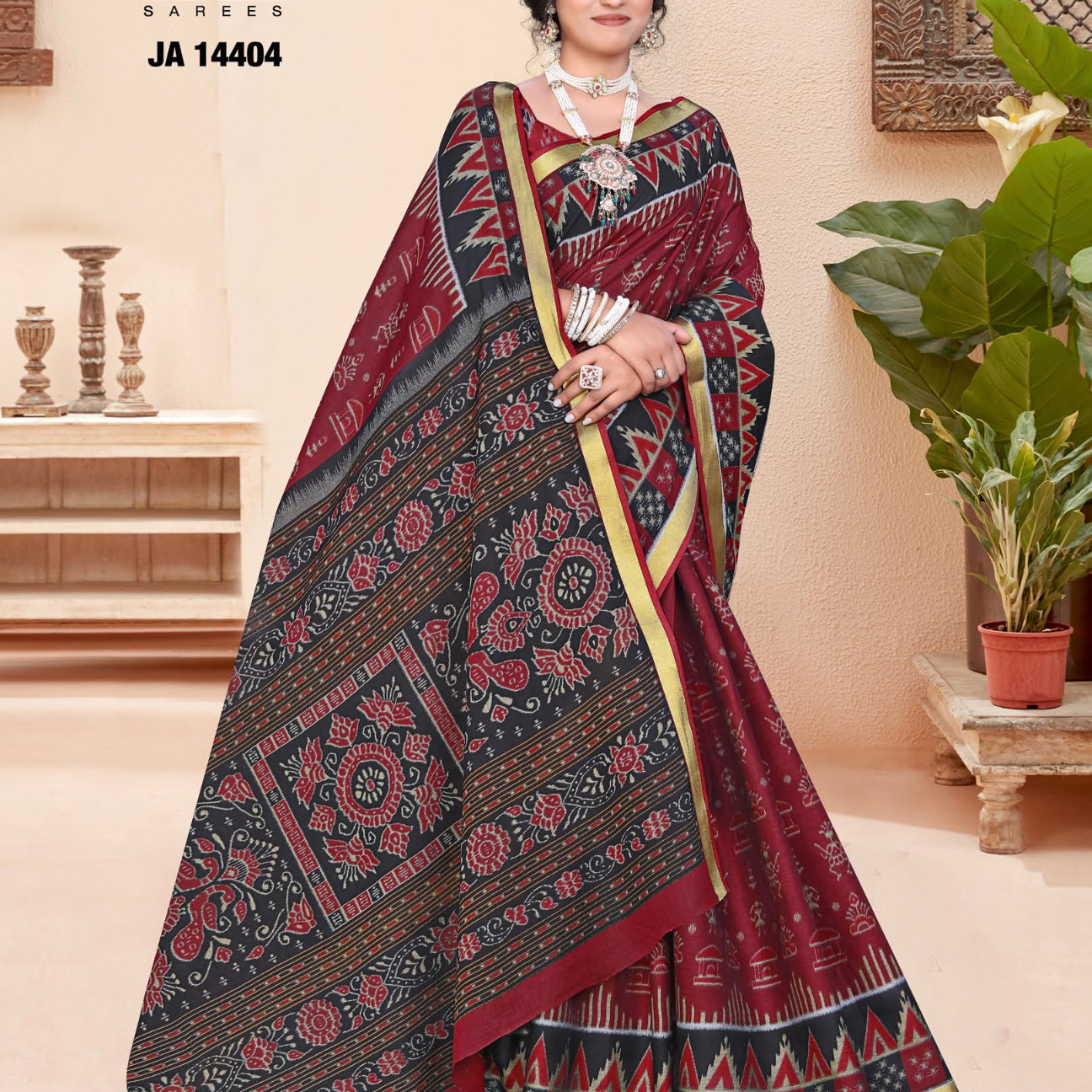 Maroon & Black muslin saree [sku:JA-14404]