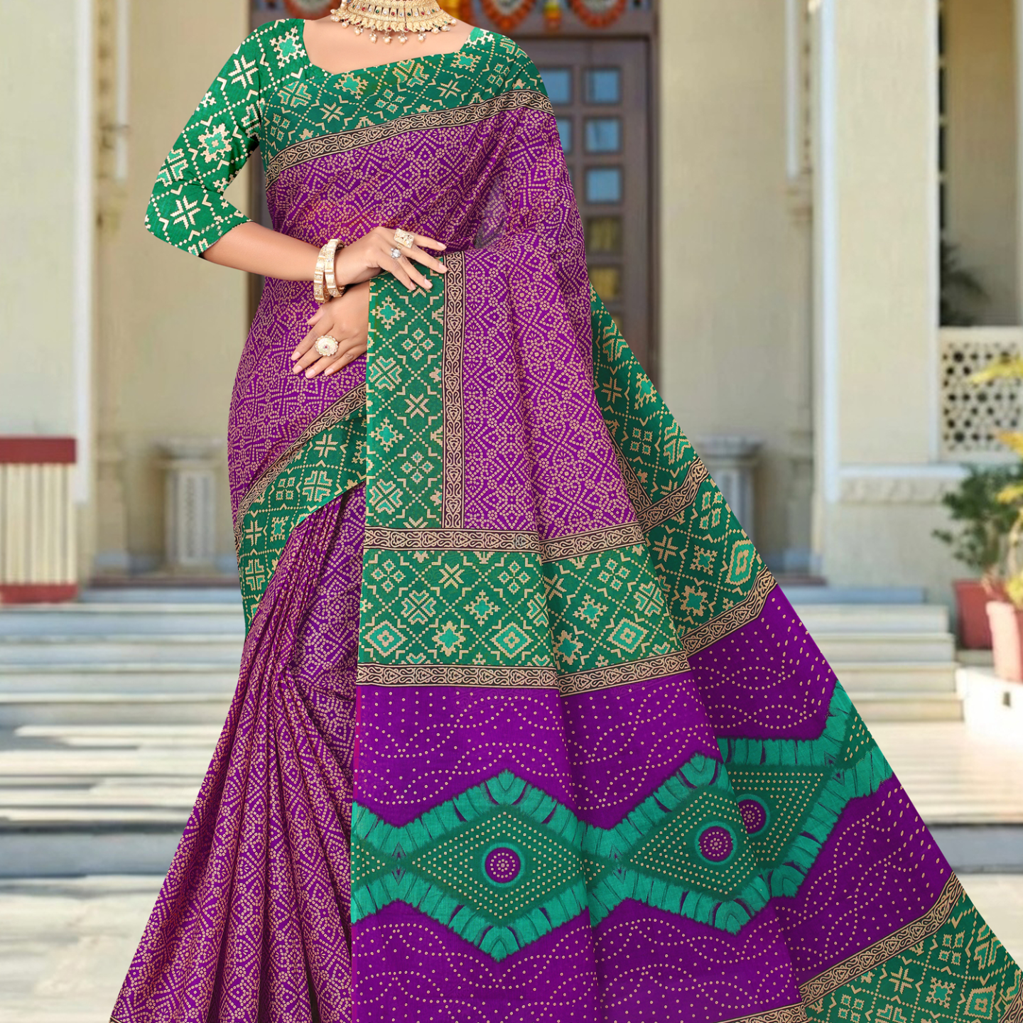 Purple & Green cotton saree [sku:KN-64605]