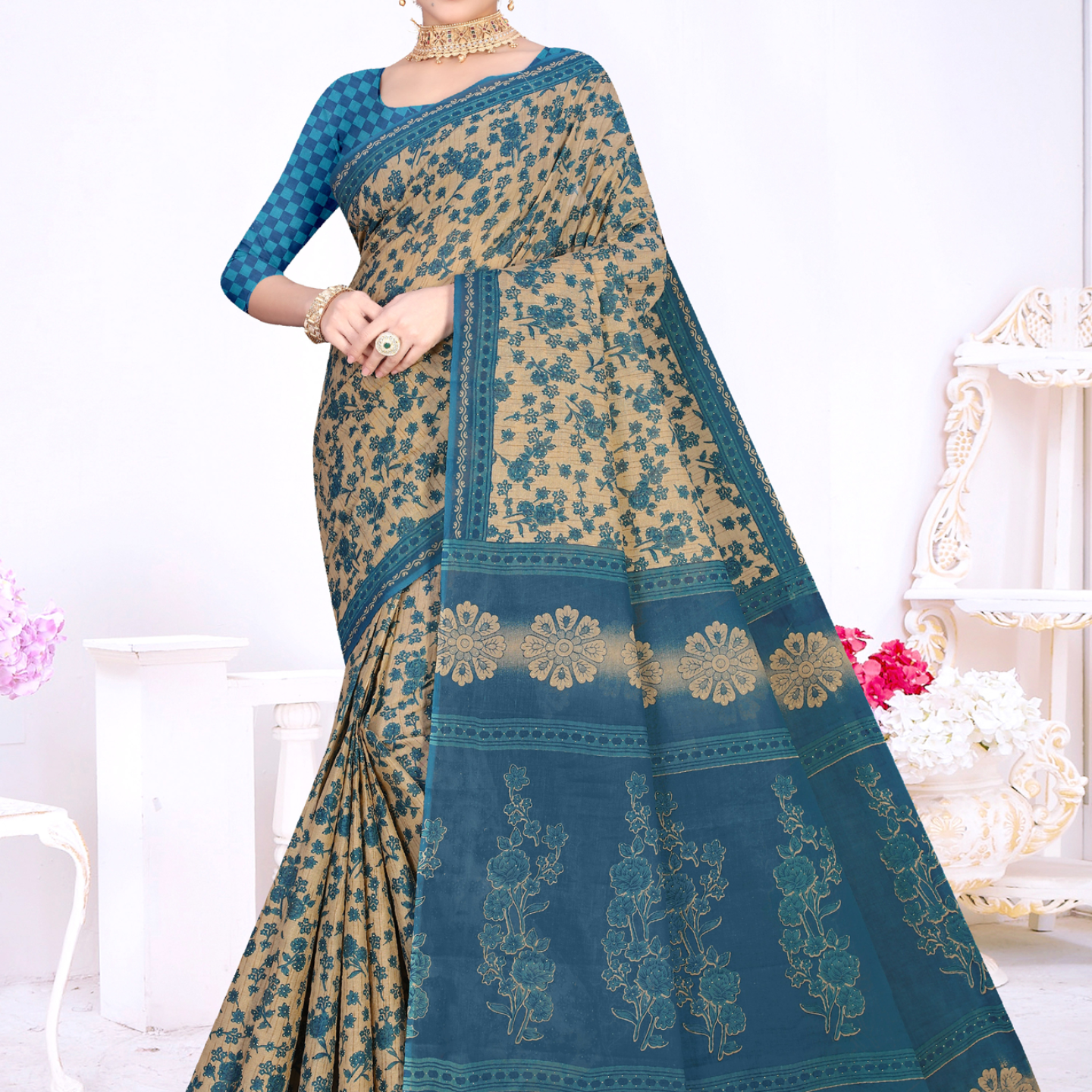Teal Blue & Beige cotton saree [sku:KN-57985]