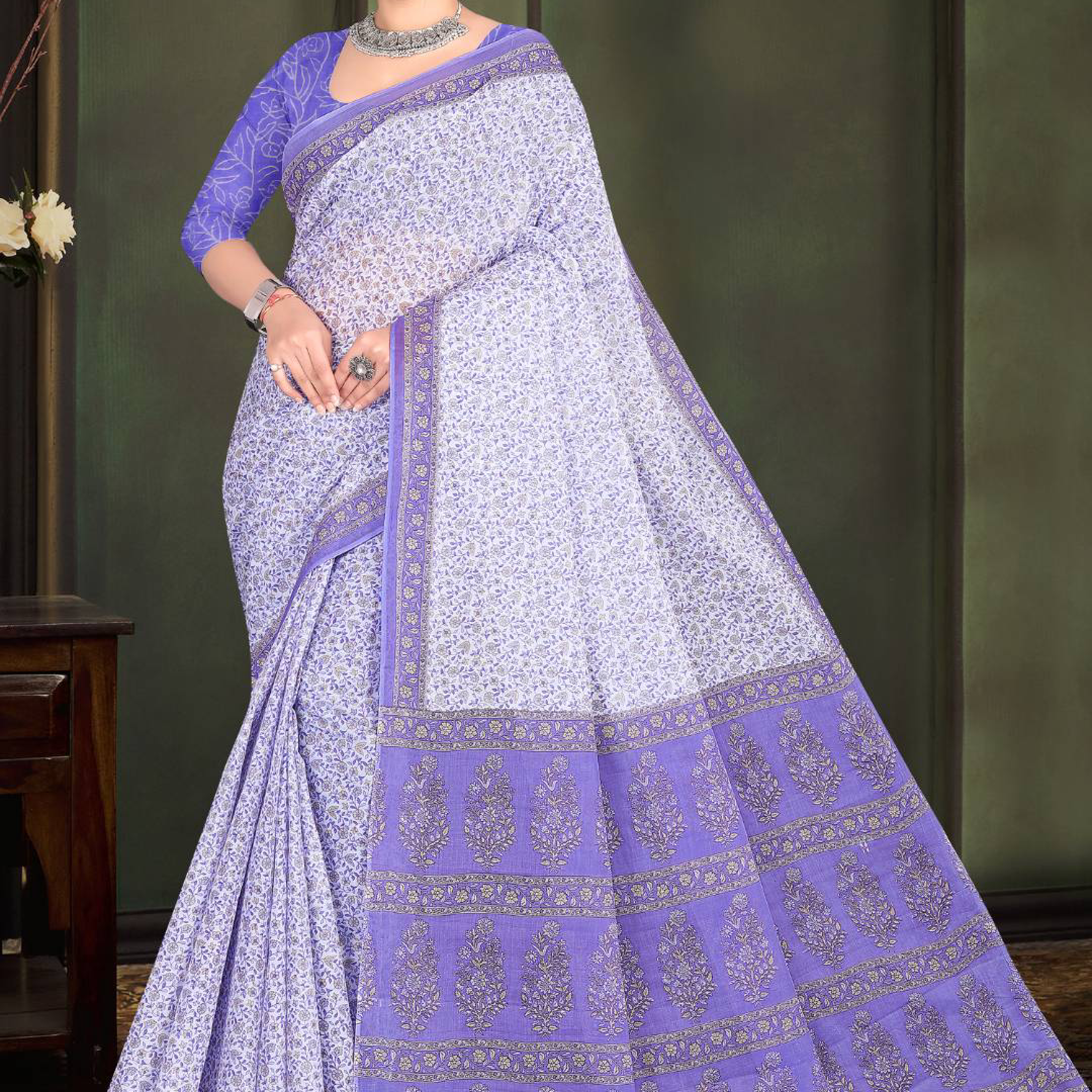 Lavender & White cotton saree