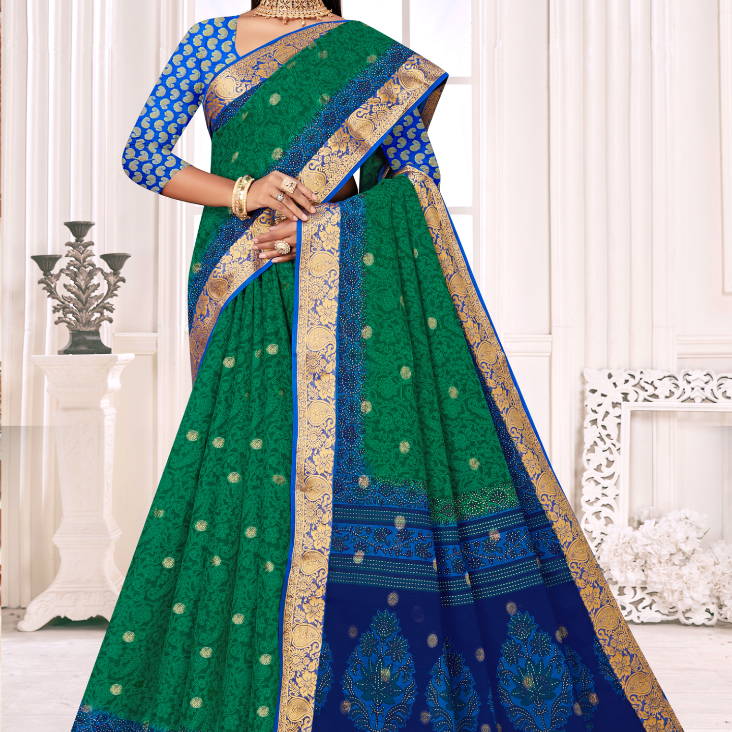 Green and Blue malai saree [sku:KN-66898]