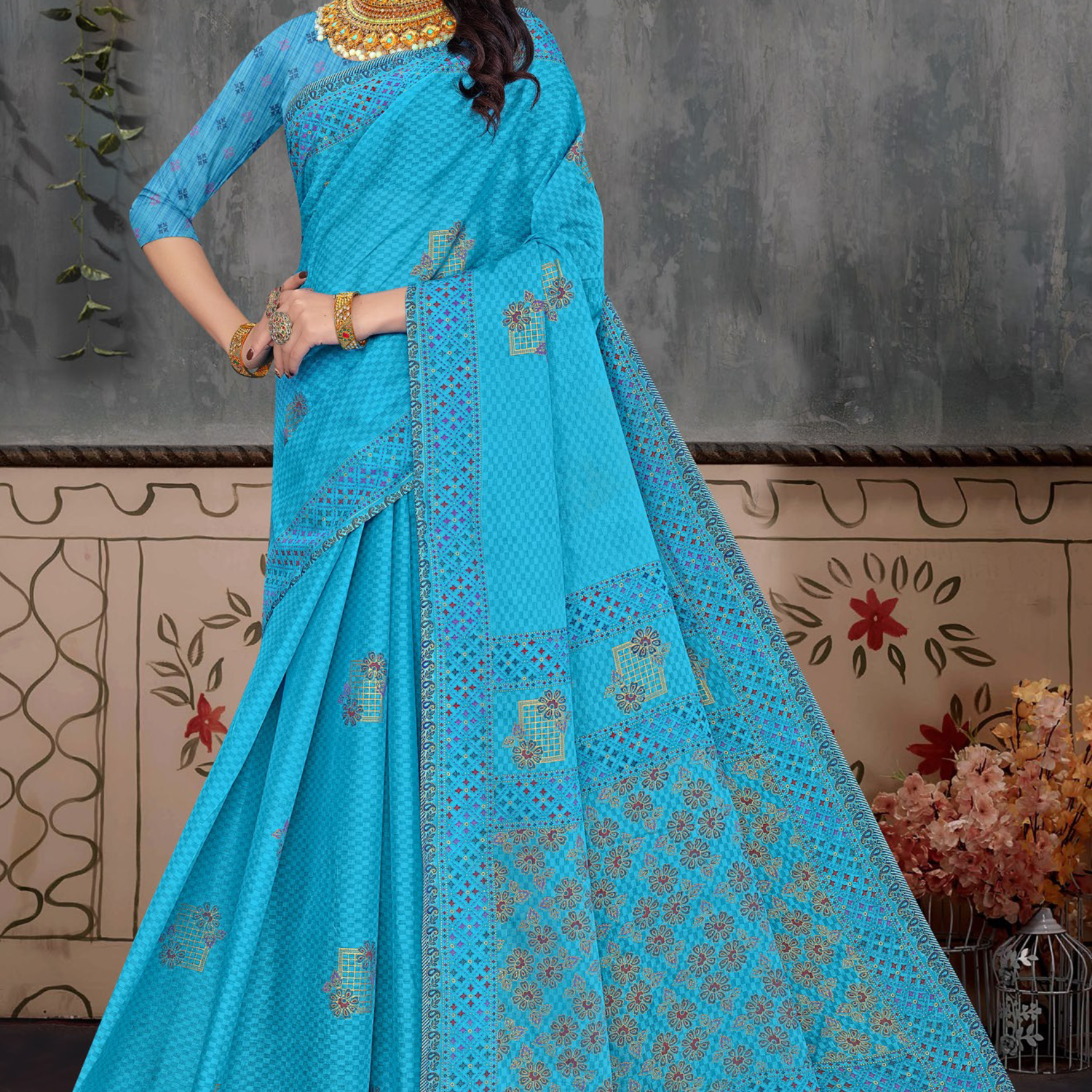 Turquoise Blue cotton saree [sku:BV-18638]
