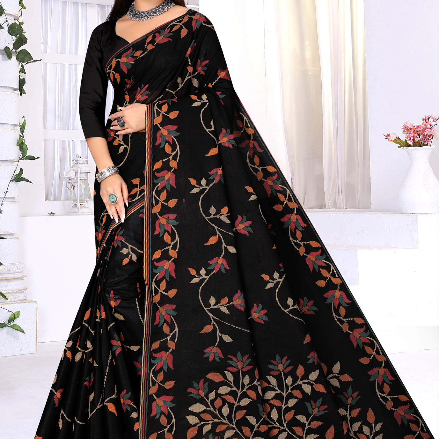 Black cotton saree [sku:KN-50771]
