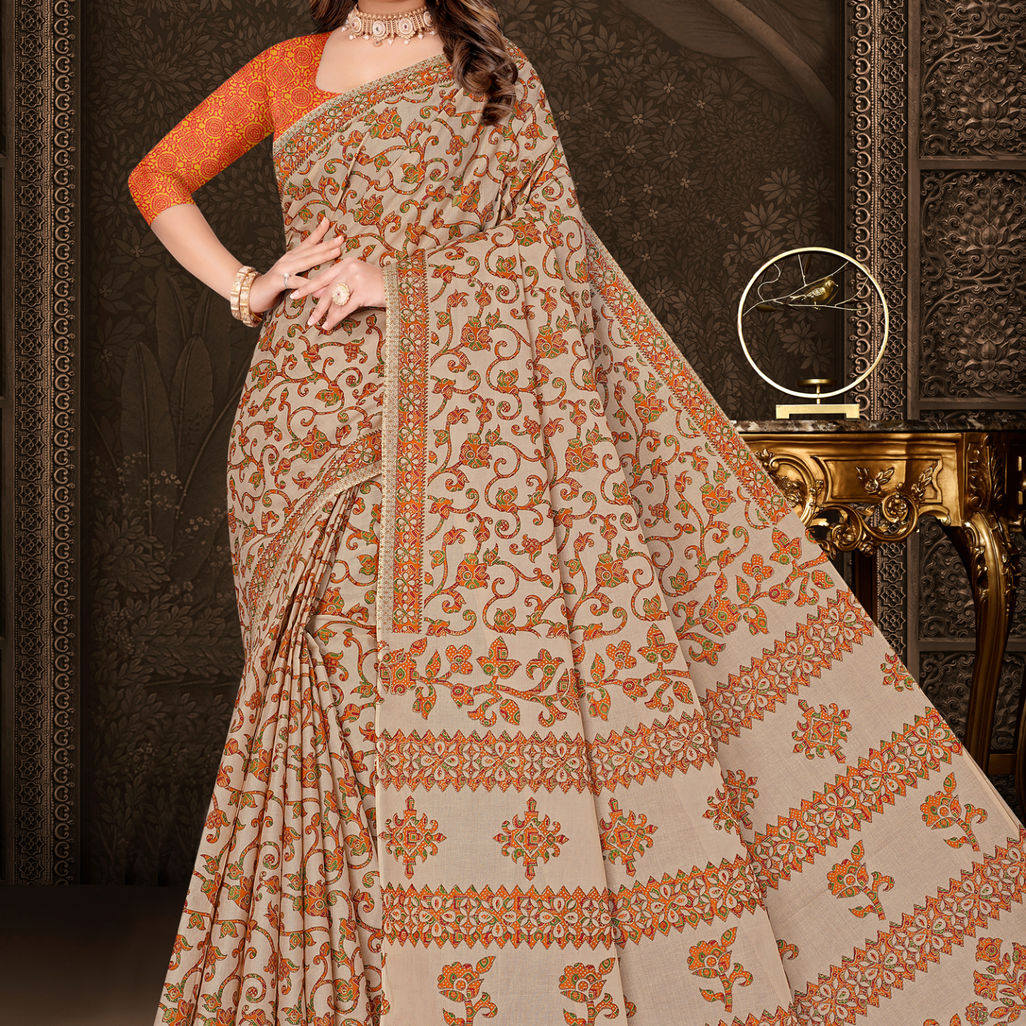 Beige & Orange cotton saree [sku:KN-63326]