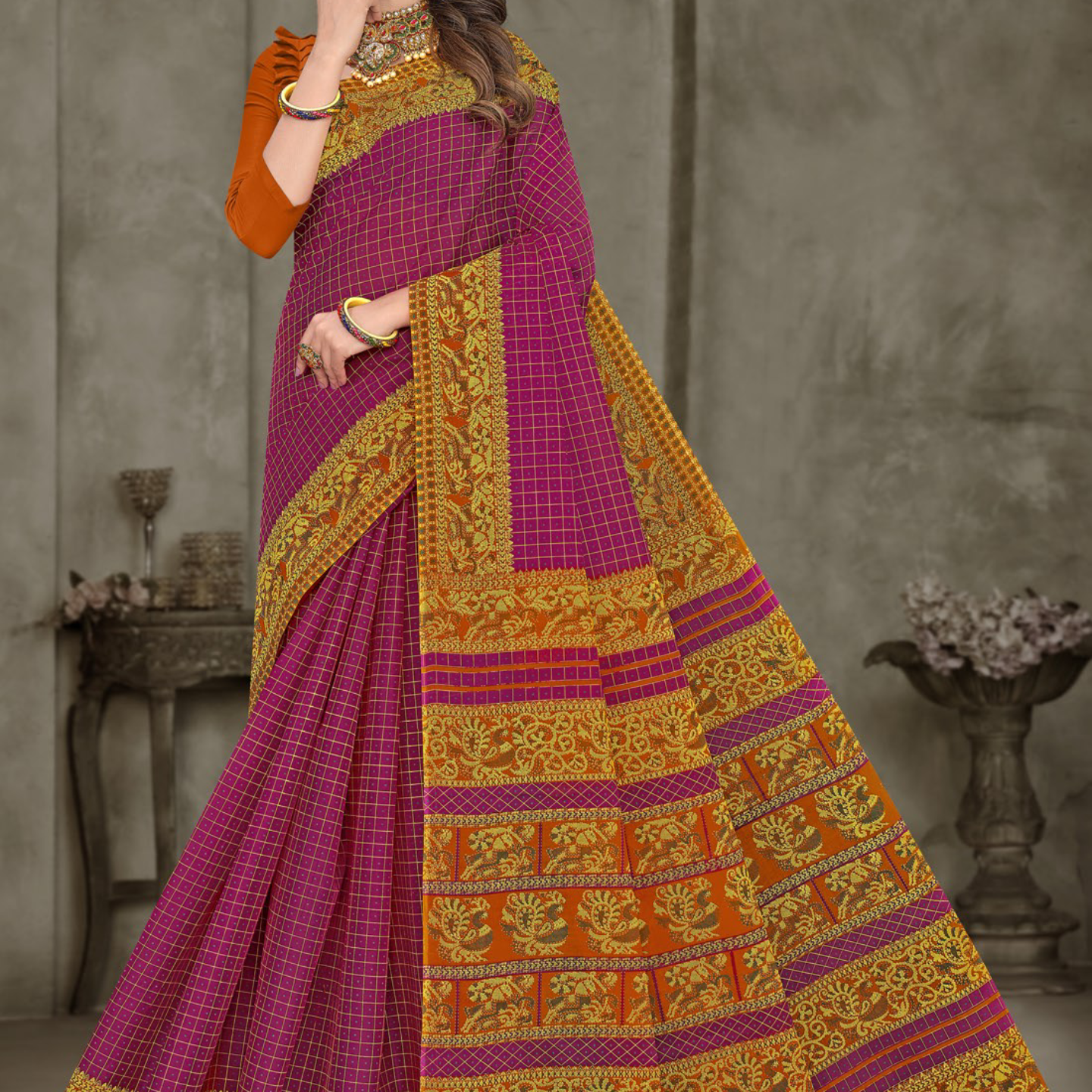 Magenta and Orange cotton saree [sku:BV-24793]