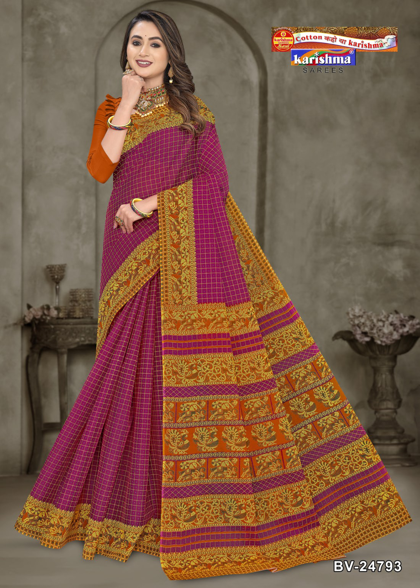 Magenta and Orange cotton saree [sku:BV-24793]
