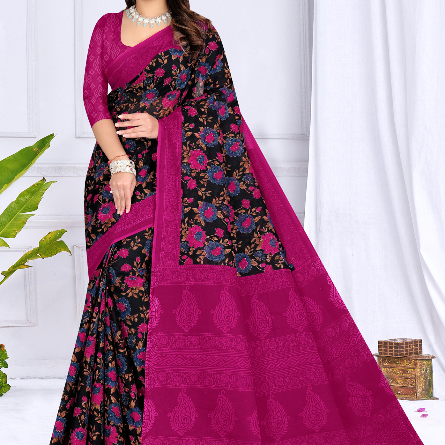 Magenta and Black cotton saree