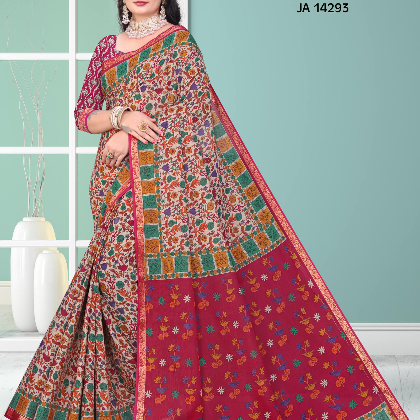 Magenta & Beige muslin saree [sku:JA 14293]