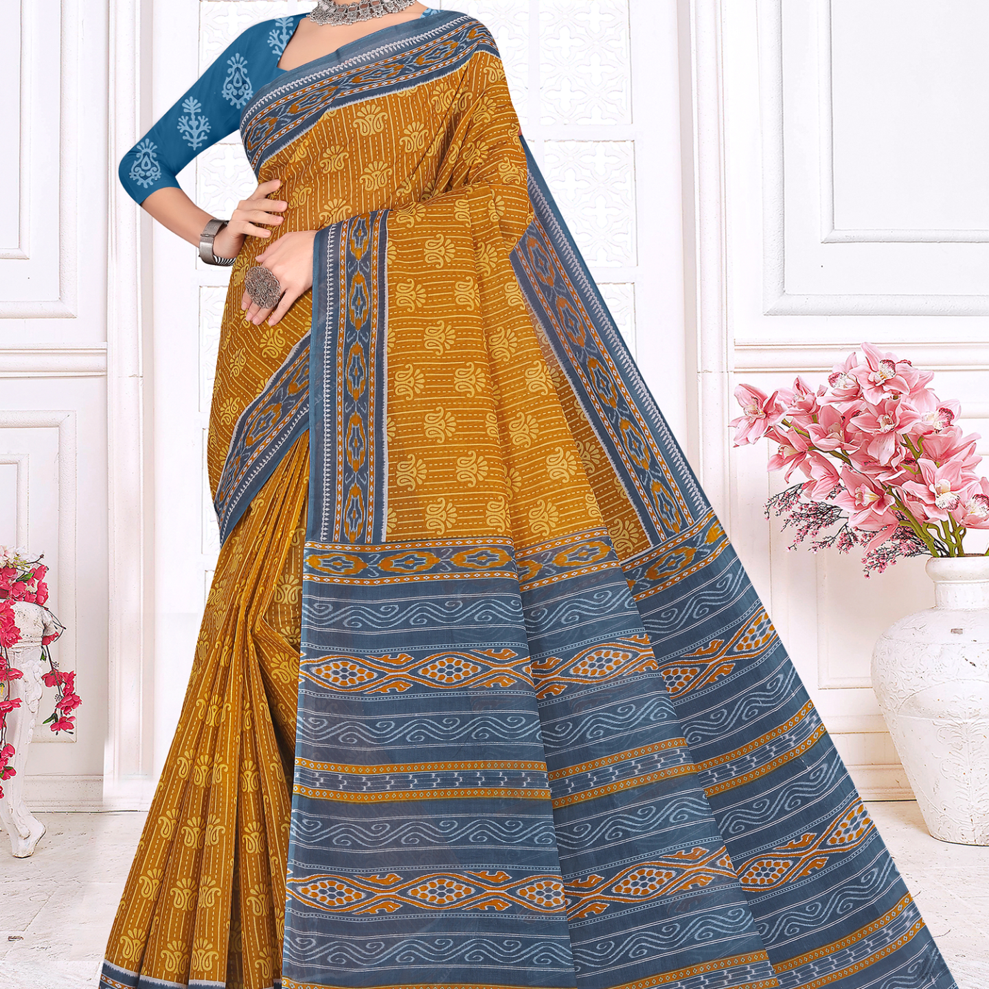 Mustard Yellow & Blue cotton saree [sku:KN-67466]