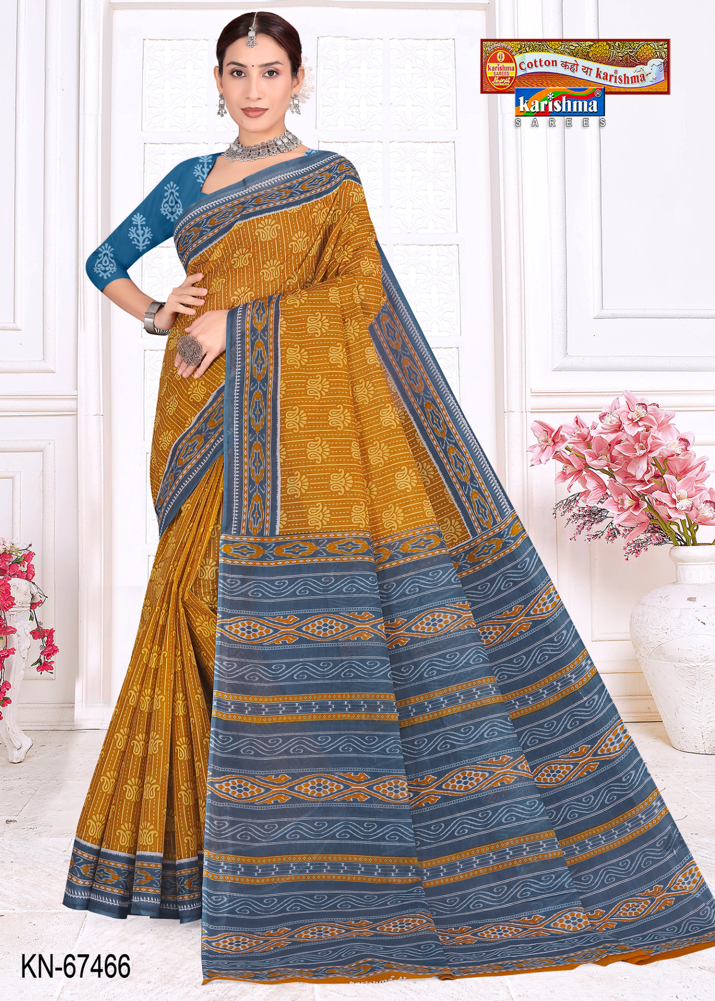 Mustard Yellow & Blue cotton saree [sku:KN-67466]