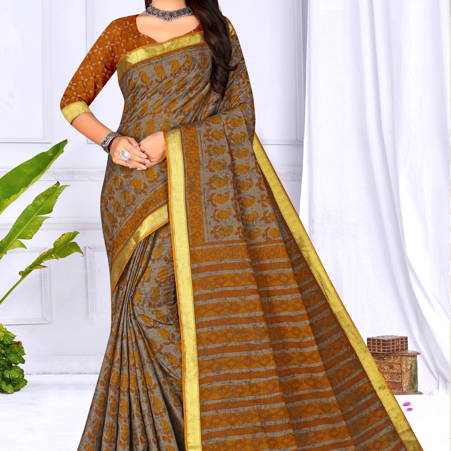 Mustard Brown muslin saree [sku:KN-65905]