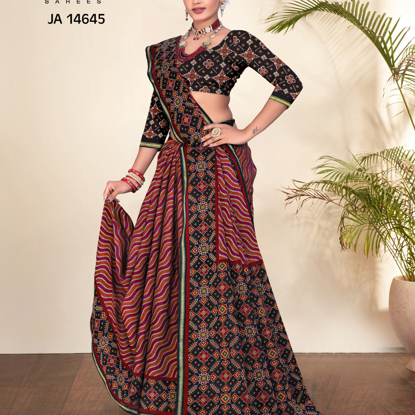 Black & Red muslin saree [sku:JA 14645]