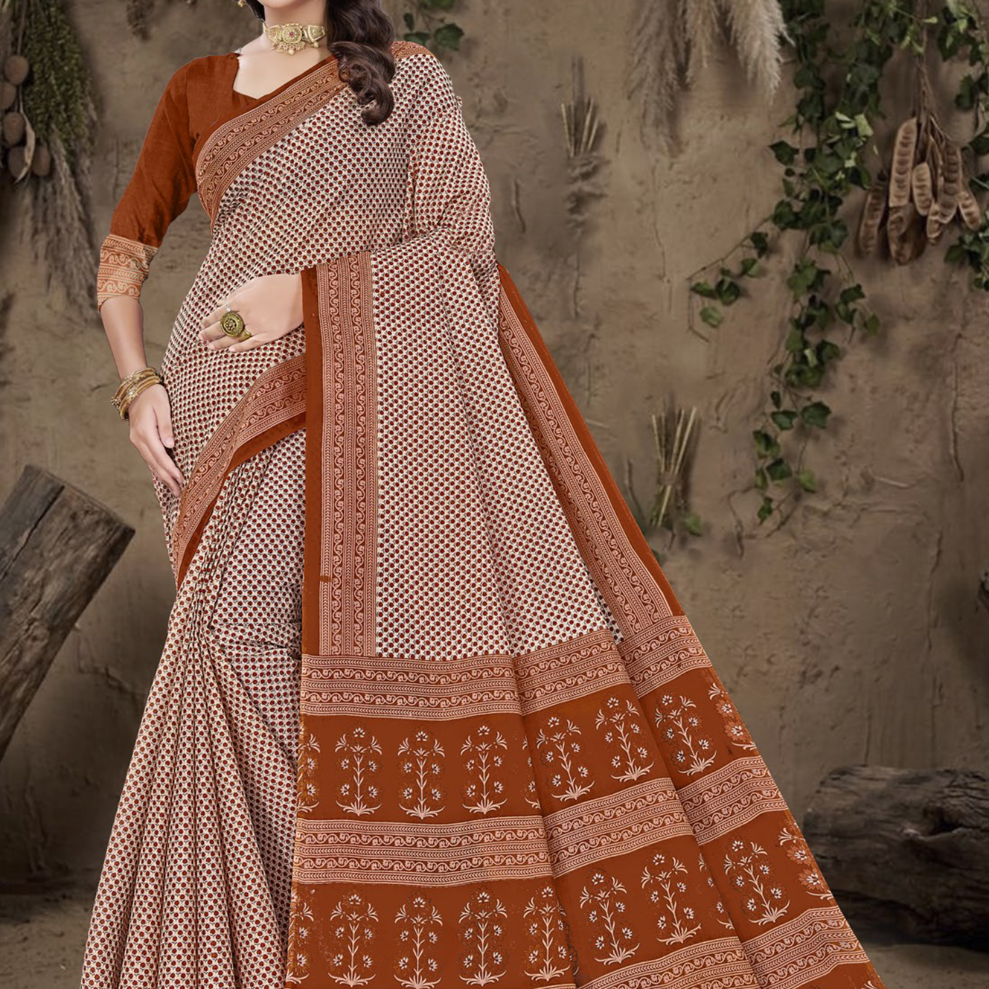Rust Brown cotton saree [sku:BV-24833]