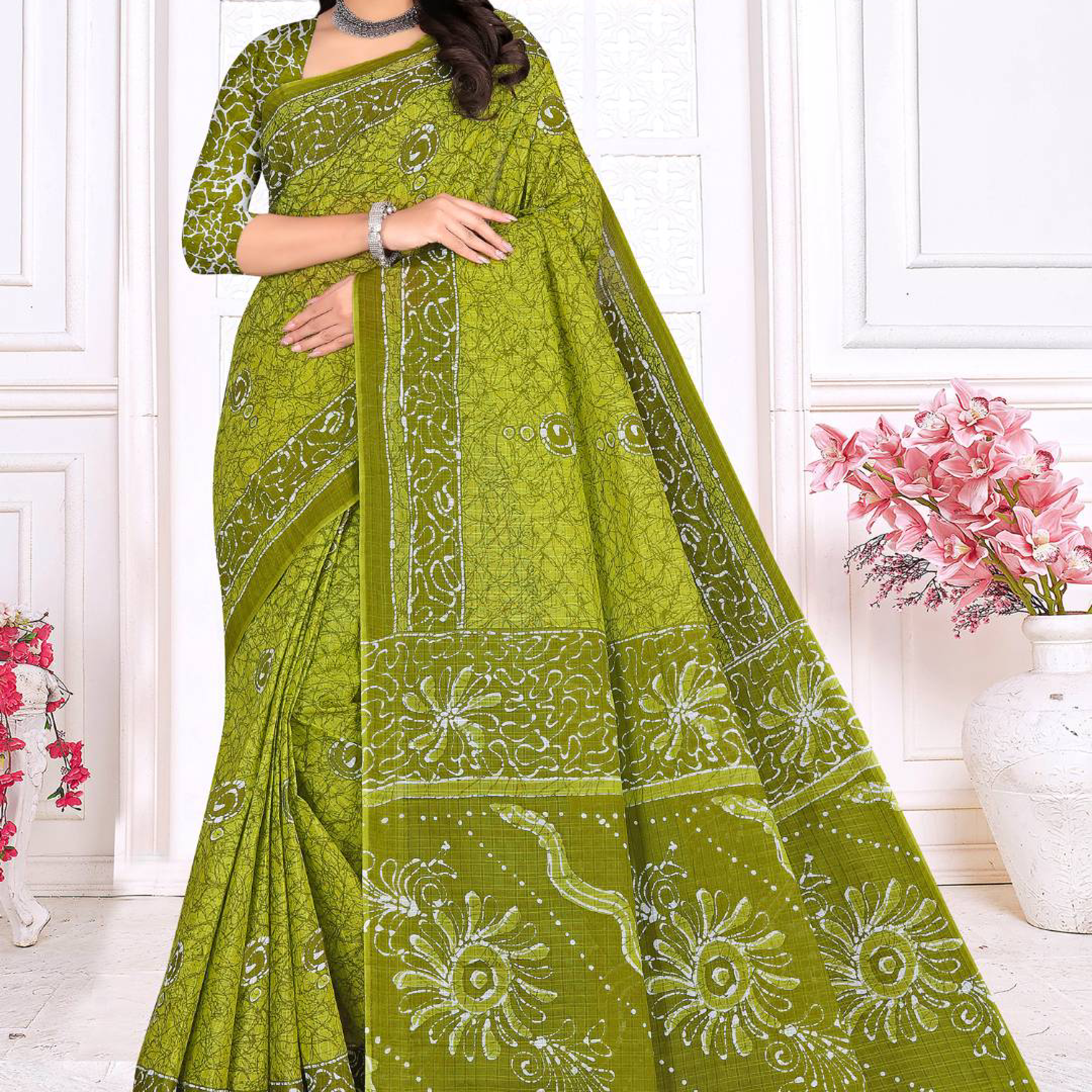 Olive Green cotton saree
