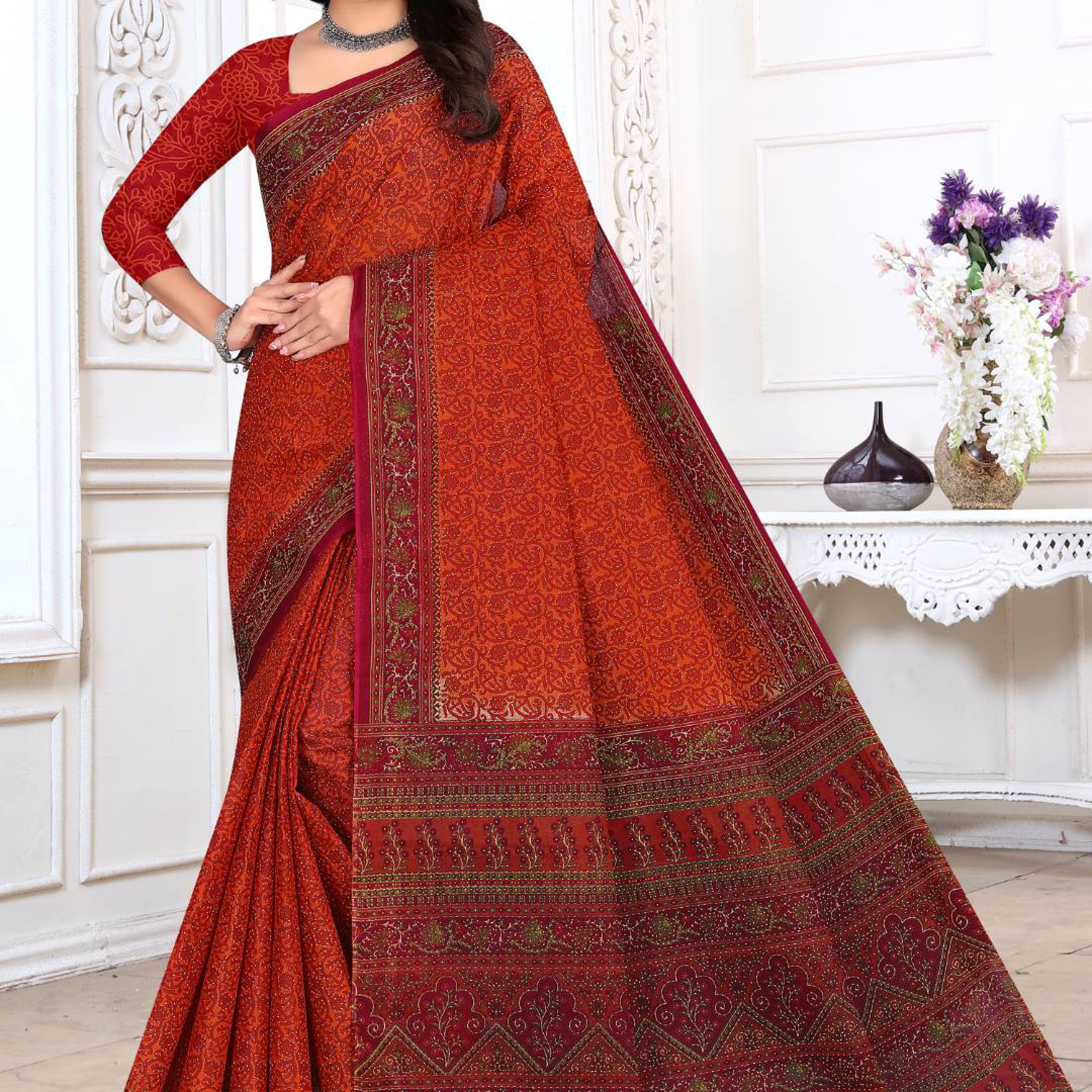 Rust Orange cotton saree [sku:KN-67655]