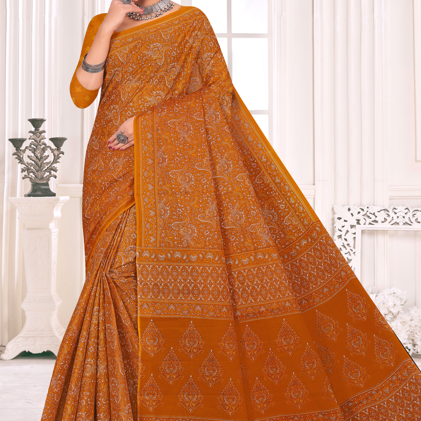Mustard Yellow cotton saree [sku:KN-66972]