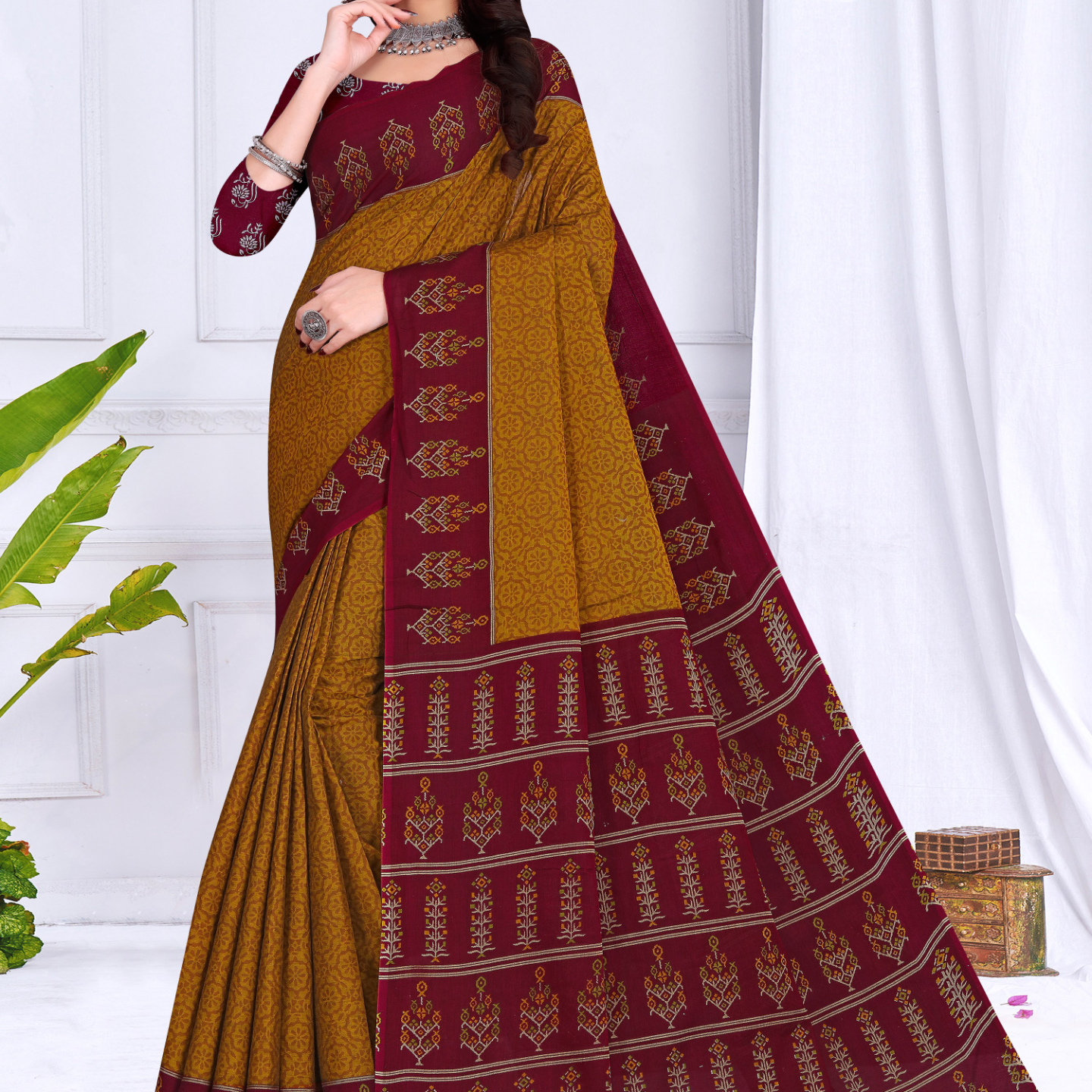 Mustard & Maroon muslin saree