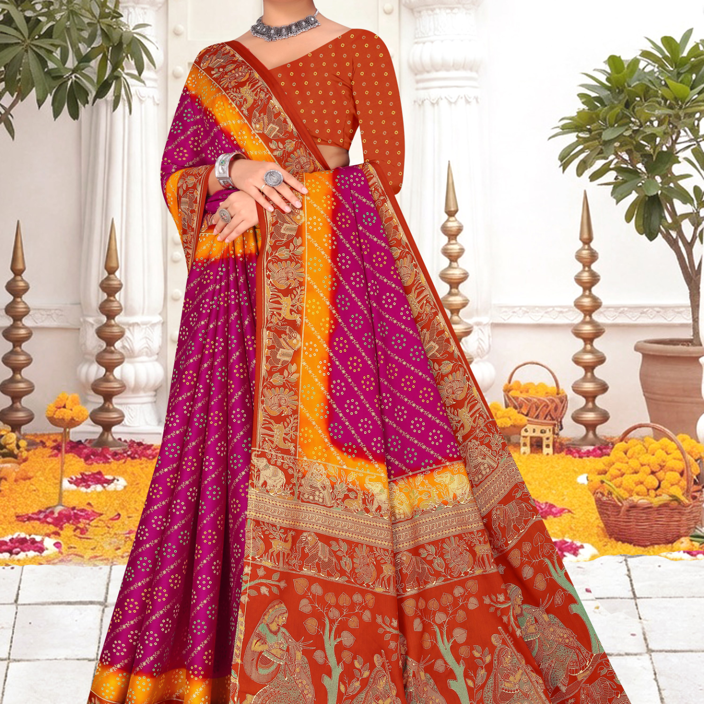 Purple and Orange malai saree [sku:KN-67898]