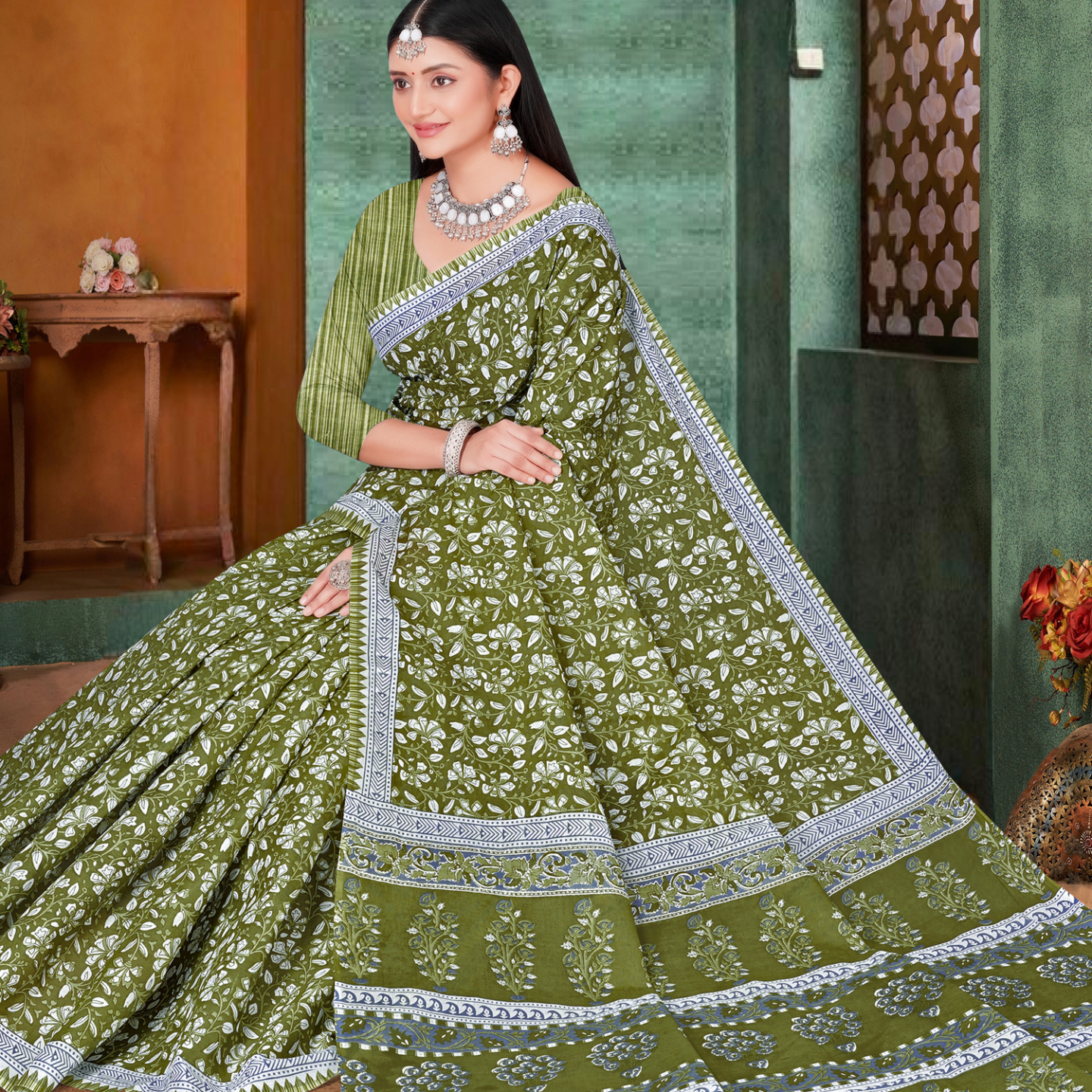 Olive Green cotton saree