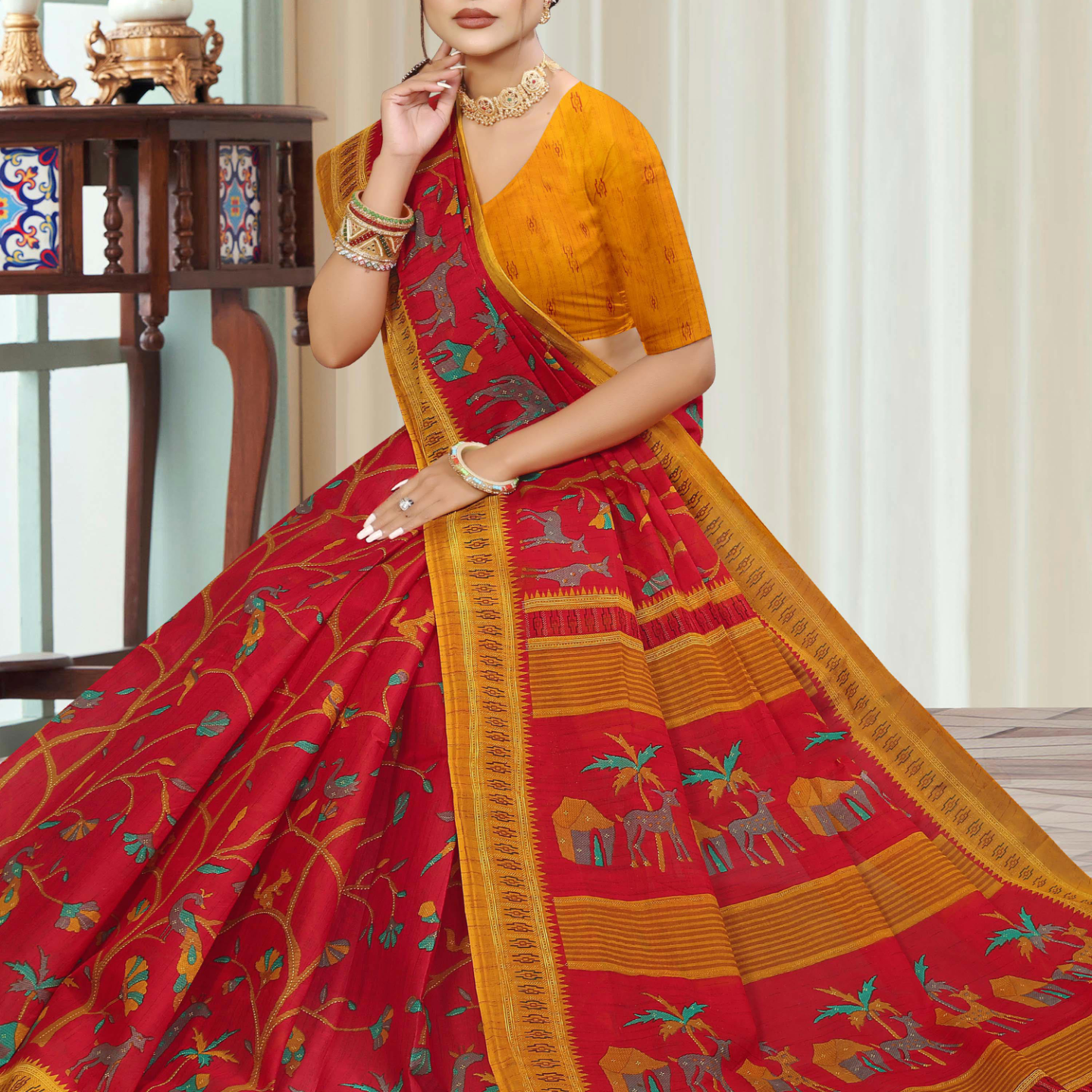 Red & Mustard cotton saree [sku:KN-46860]