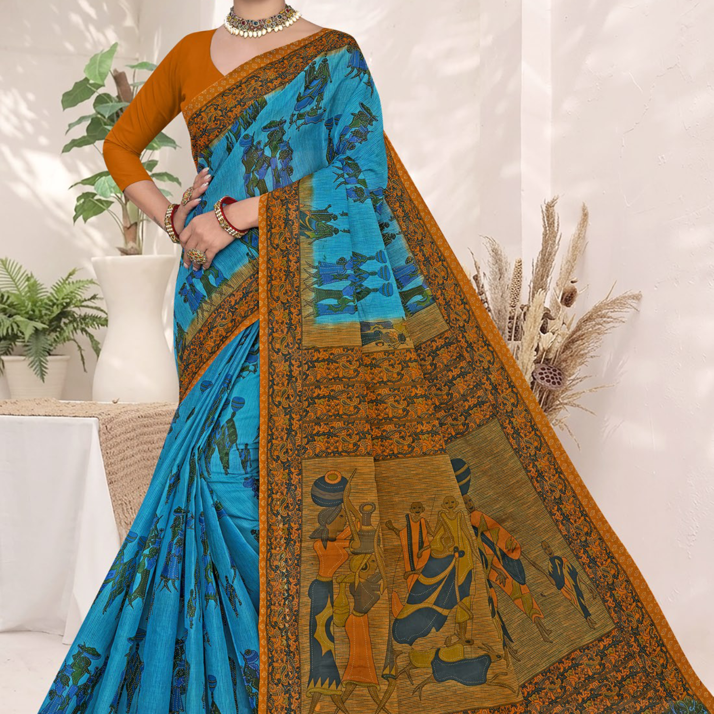 Blue and Orange cotton saree [sku:BV-24270]