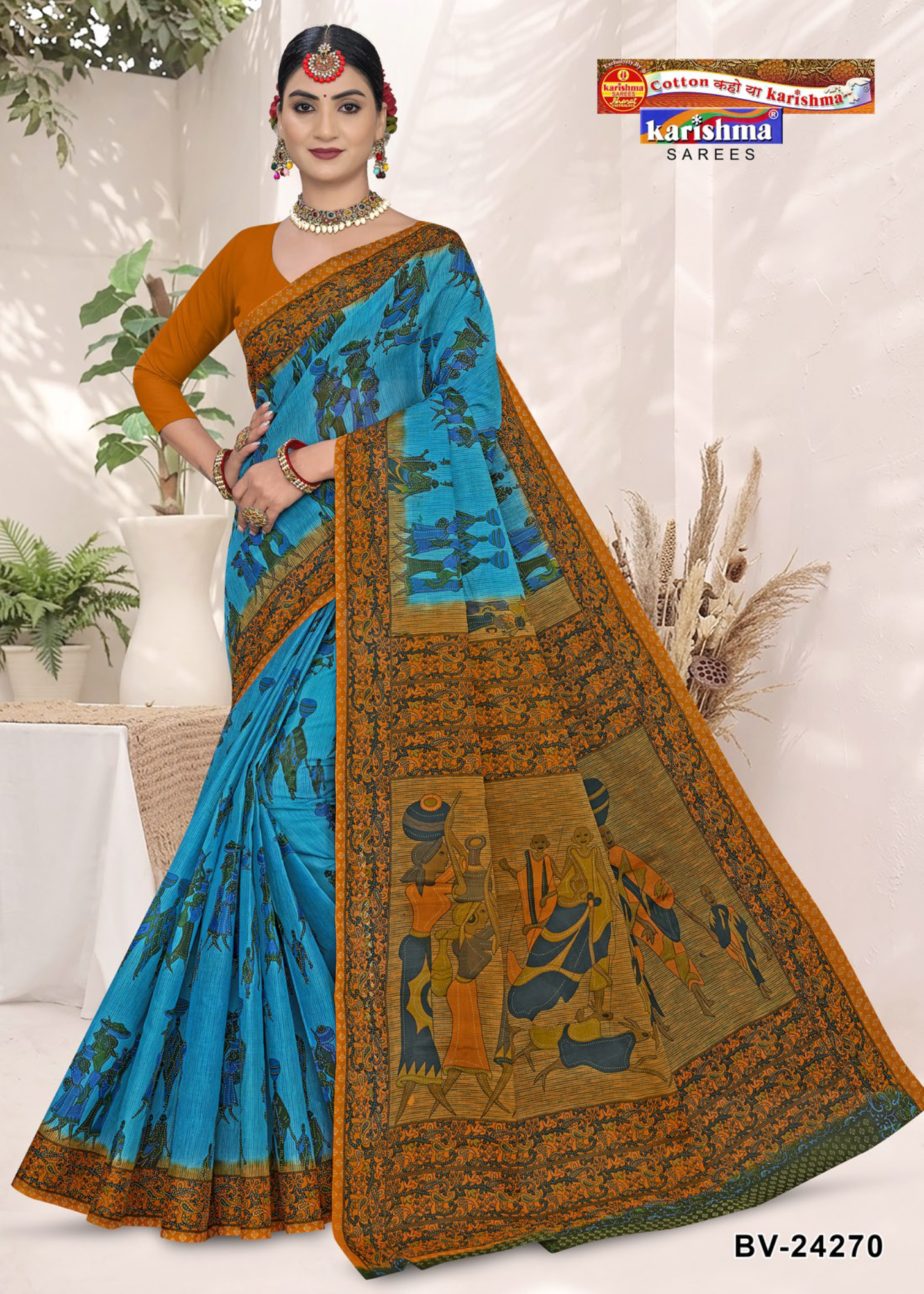 Blue and Orange cotton saree [sku:BV-24270]