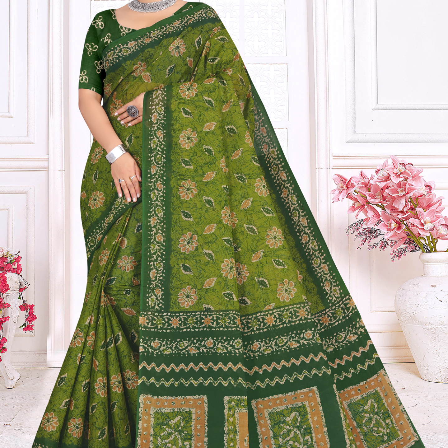 Olive Green cotton saree [sku:KN-67520]