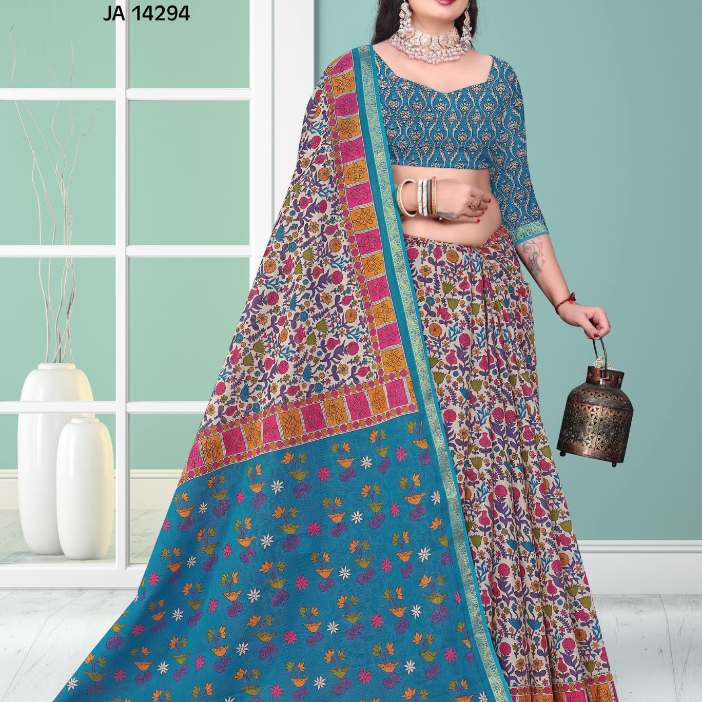 Blue & Beige muslin saree [sku:JA 14294]