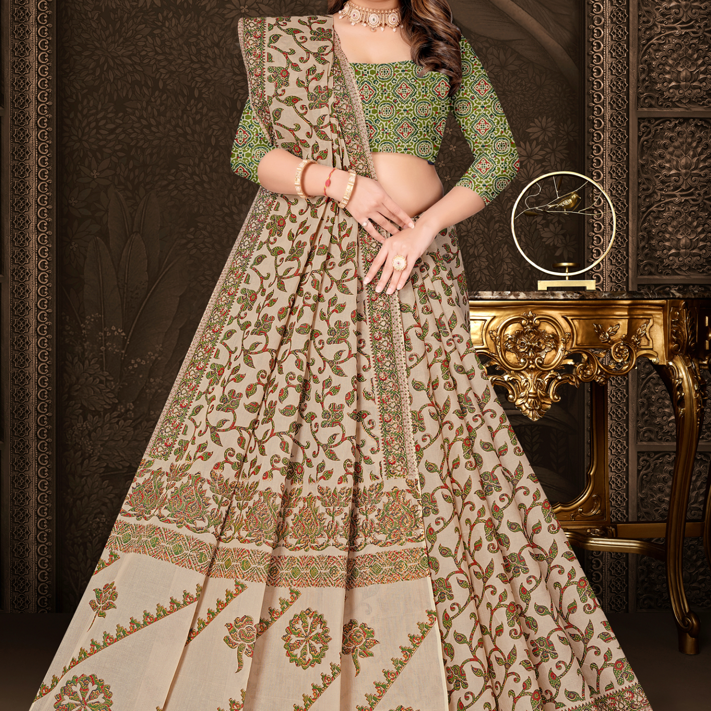 Beige & Green cotton saree [sku:KN-63327]