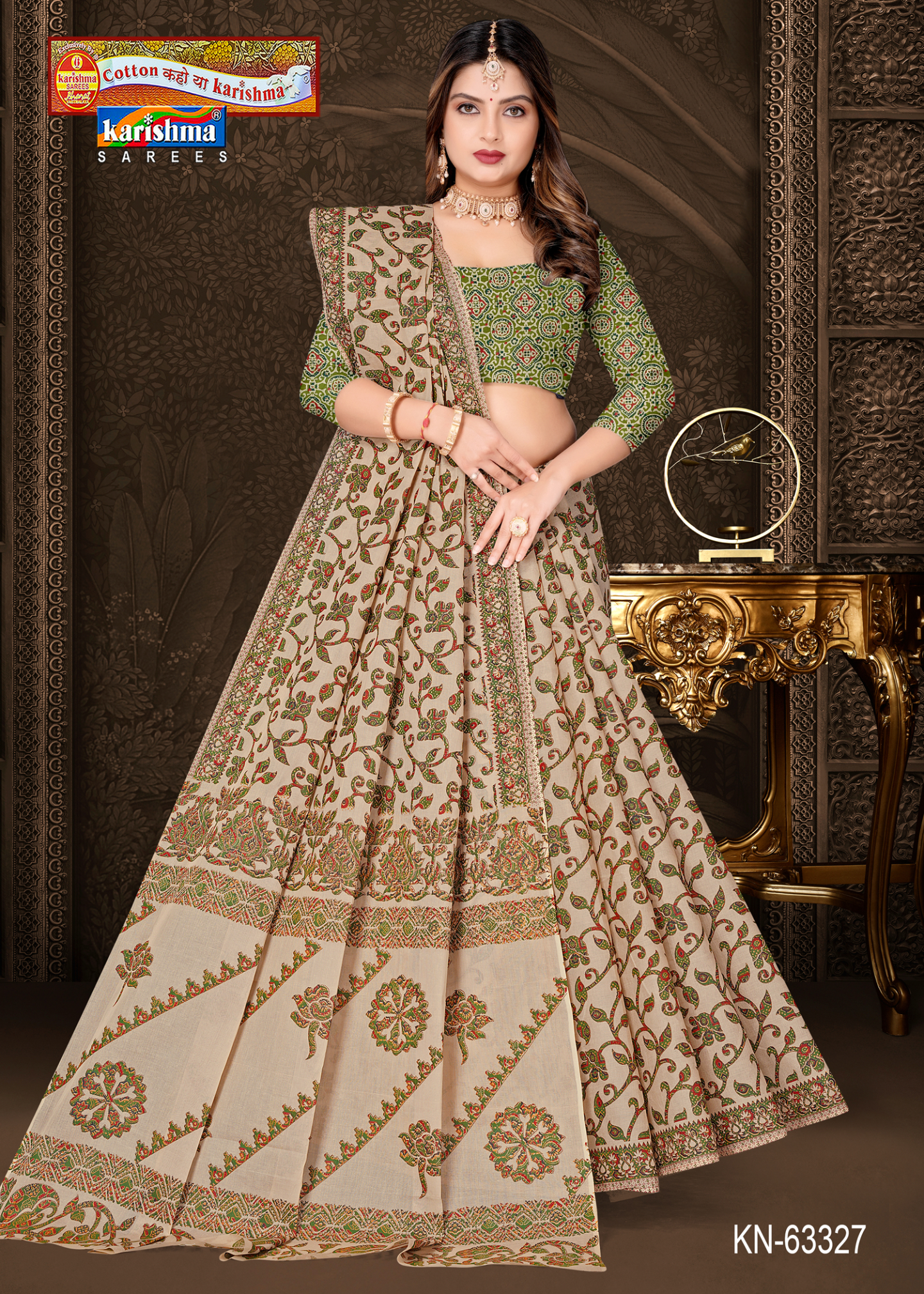 Beige & Green cotton saree [sku:KN-63327]