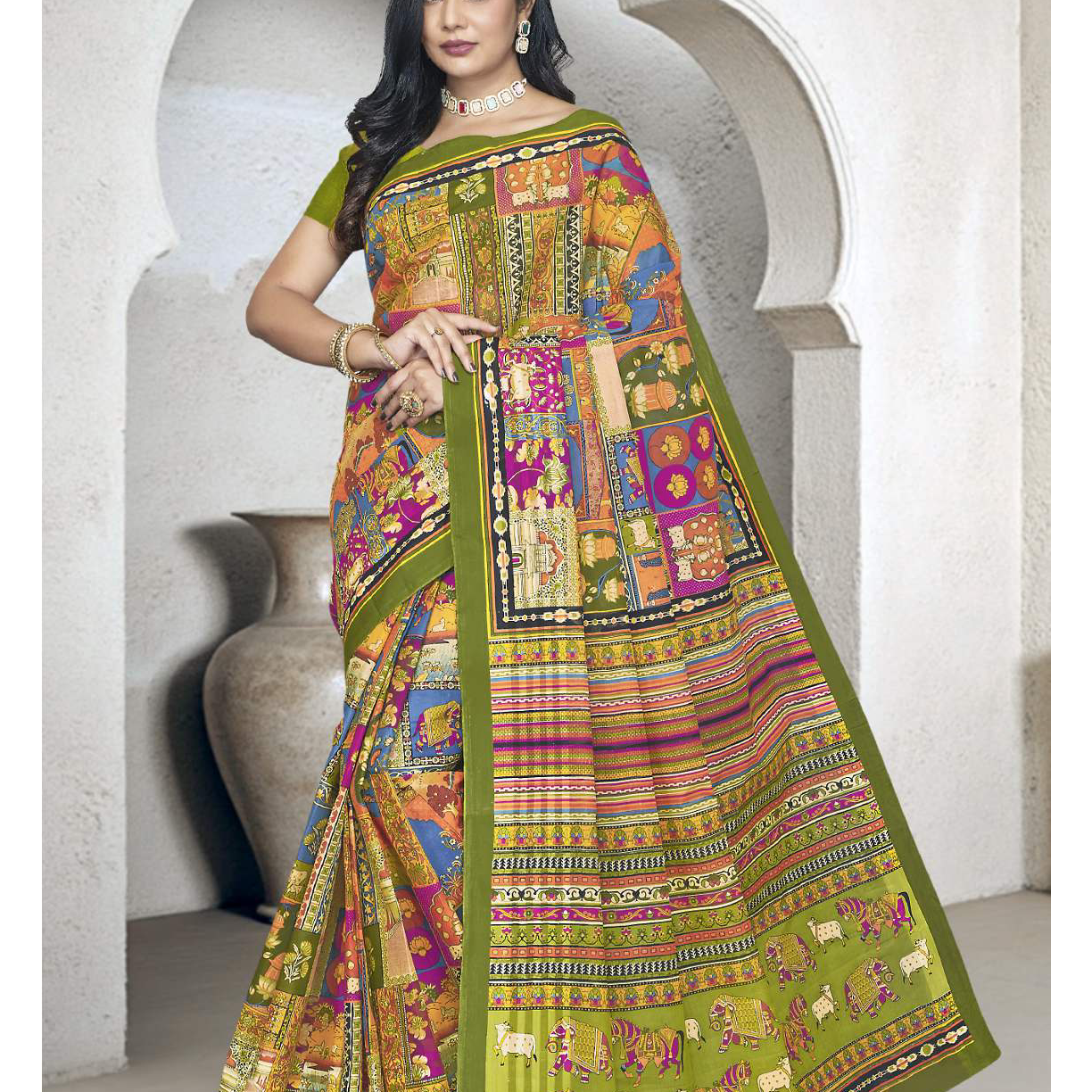 Olive Green & Multicolor cotton saree [sku:D.NO. 59521]