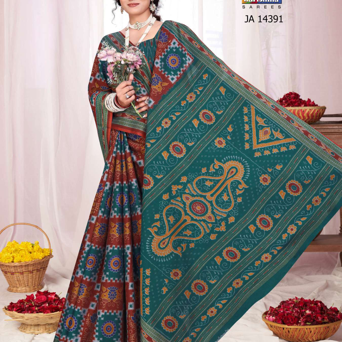 Teal & Rust Brown muslin saree