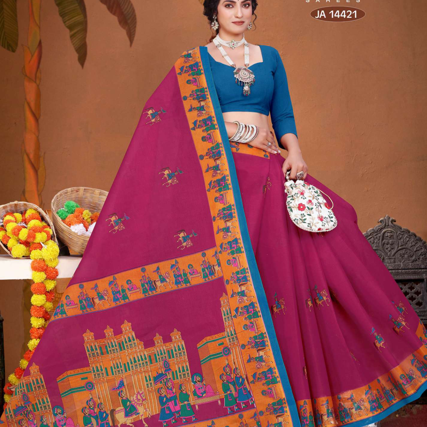 Magenta & Blue cotton saree