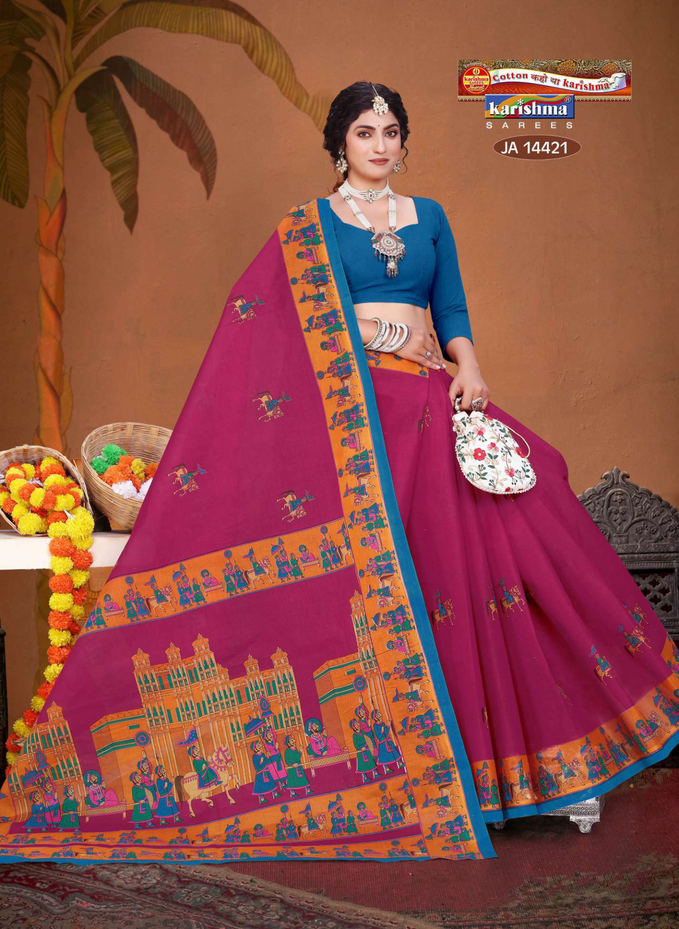 Magenta & Blue cotton saree
