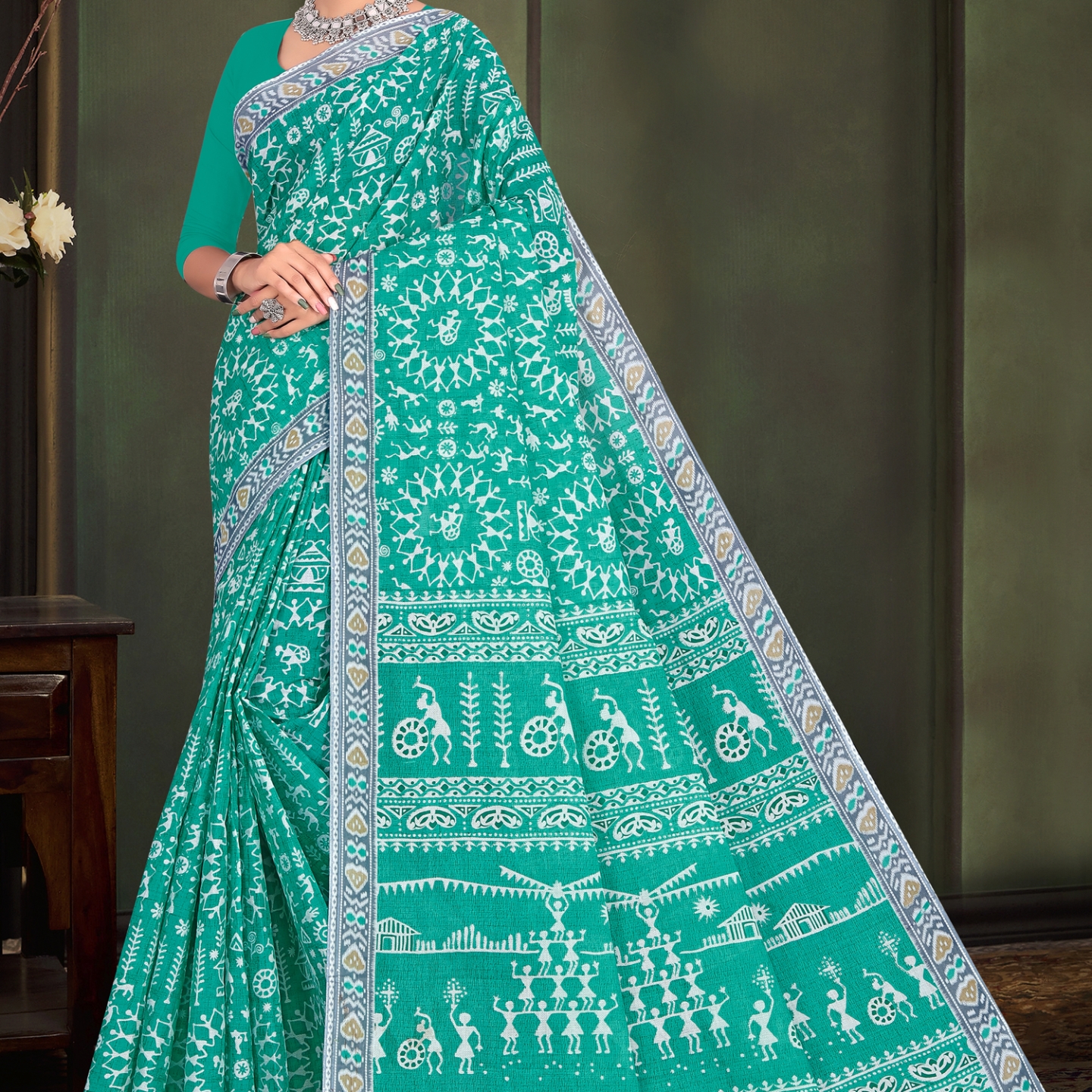 Teal Green cotton saree