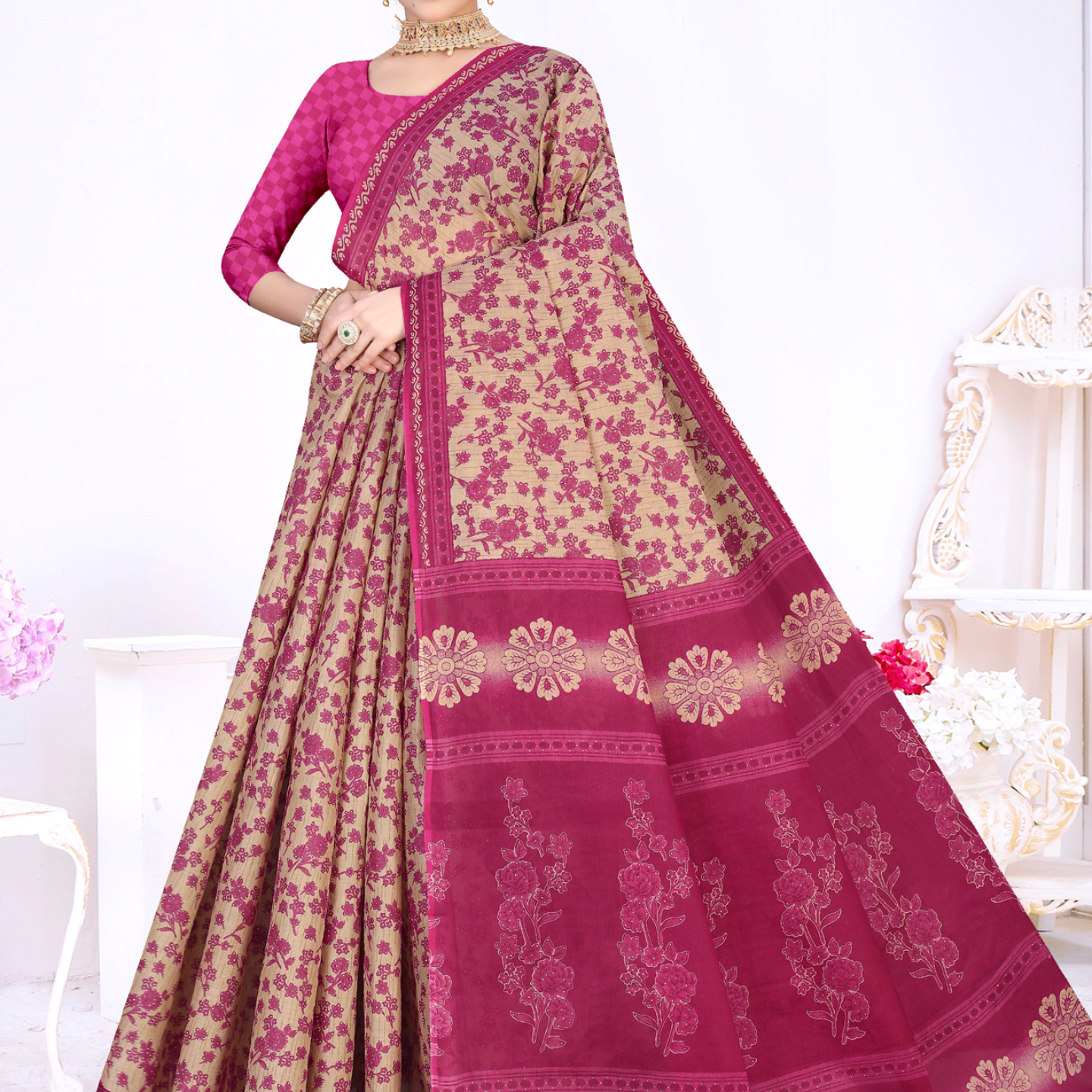 Magenta & Beige cotton saree [sku:KN-57986]