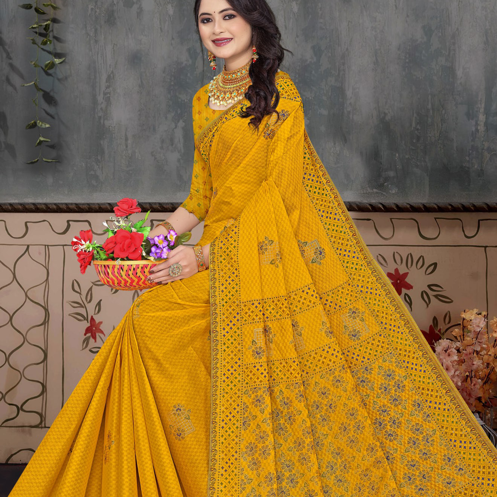 Mustard Yellow cotton saree [sku:BV-18639]