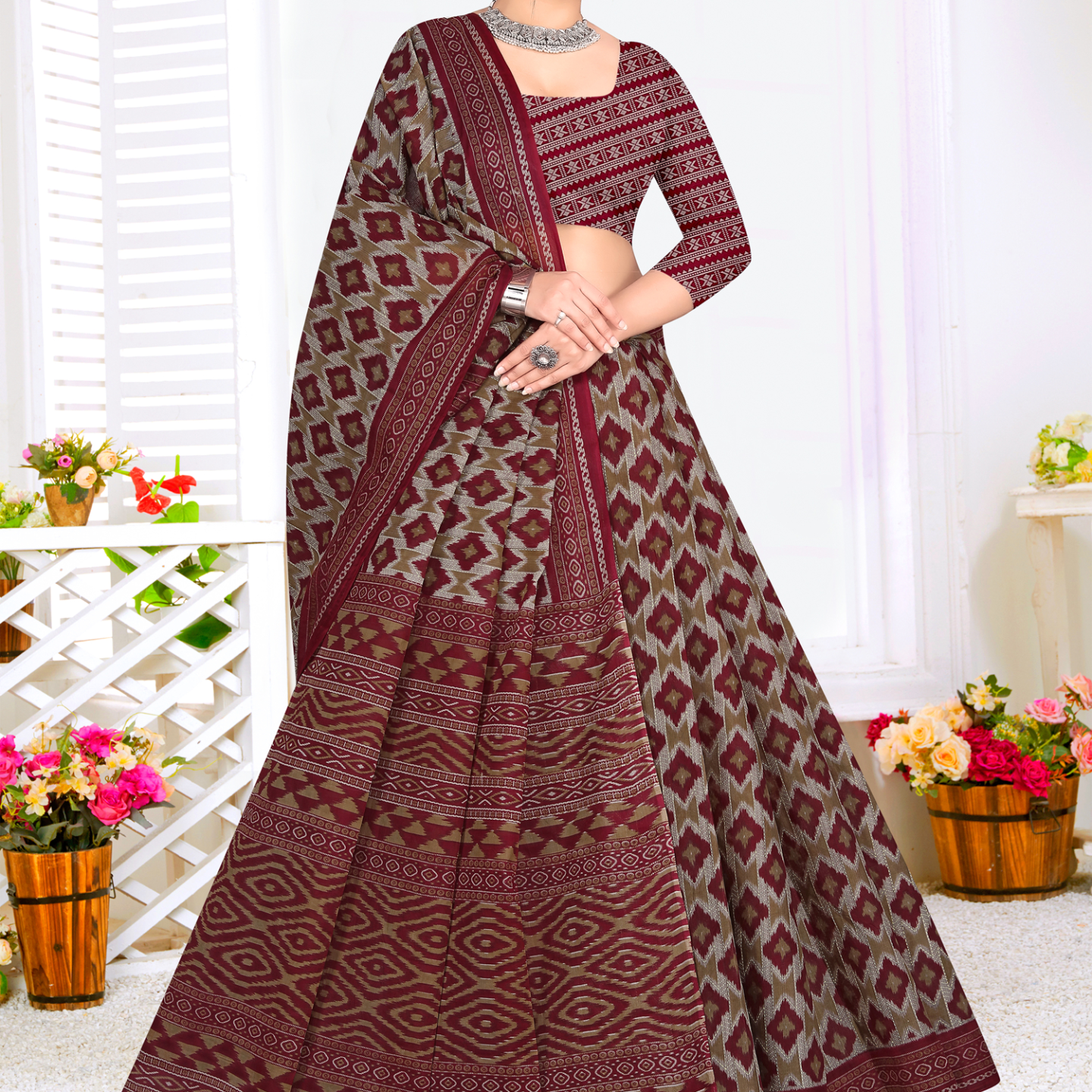 Maroon & Grey cotton saree [sku:KN-67240]