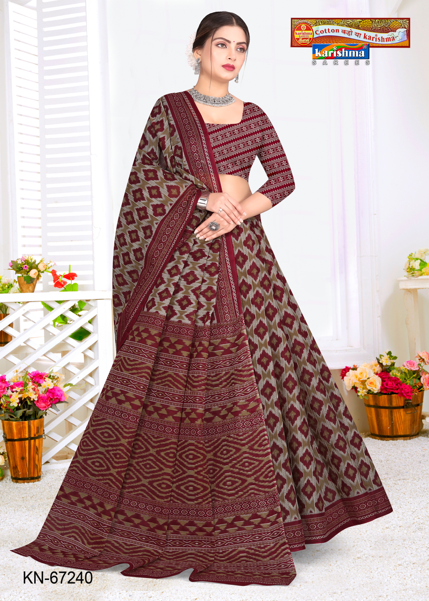 Maroon & Grey cotton saree [sku:KN-67240]