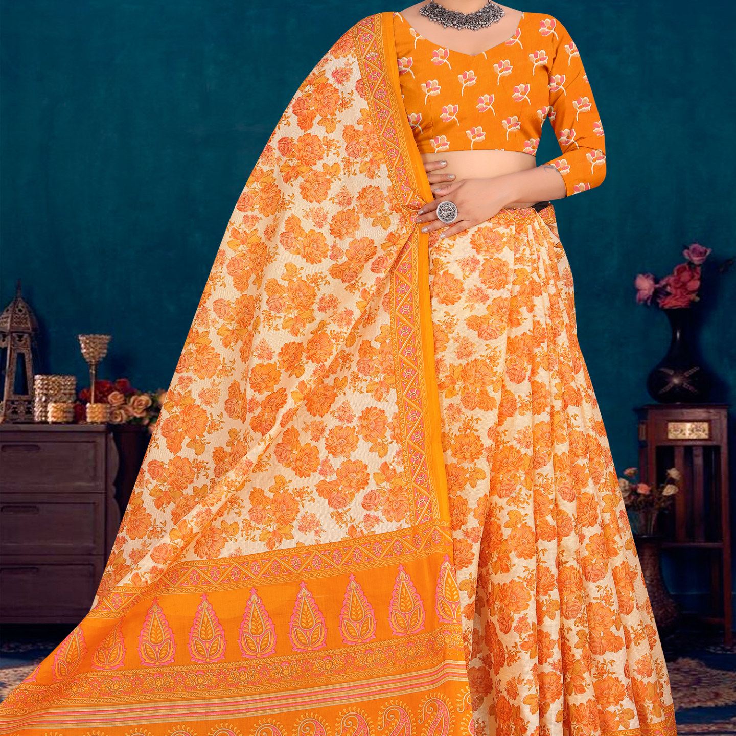 Orange and Cream cotton saree [sku:KN-66604]