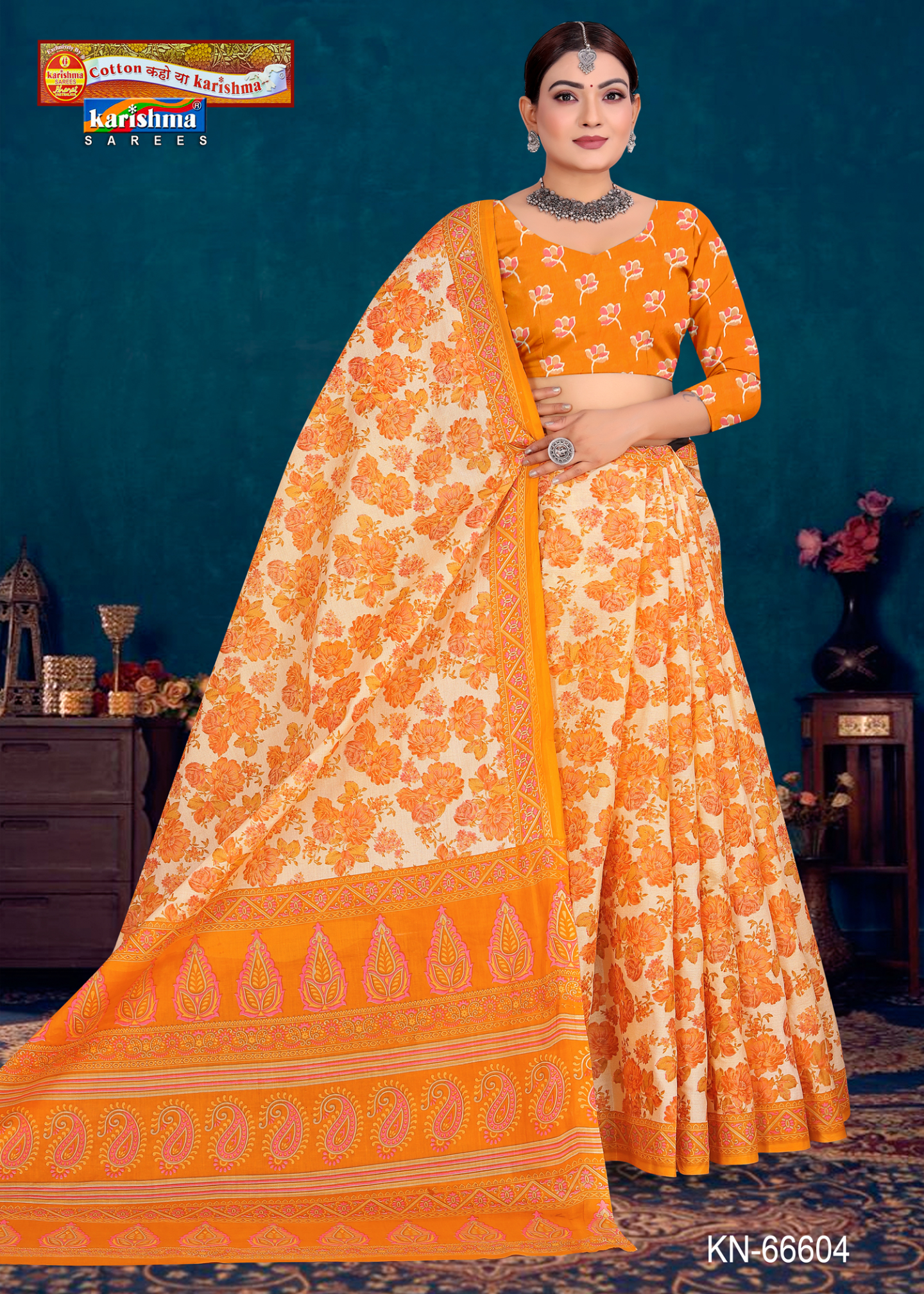 Orange and Cream cotton saree [sku:KN-66604]