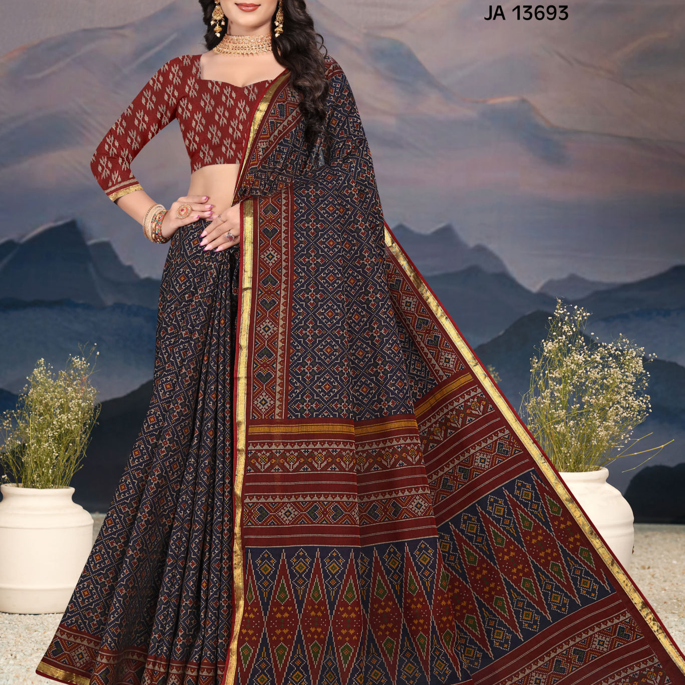 Navy Blue and Red muslin saree [sku:JA 13693]