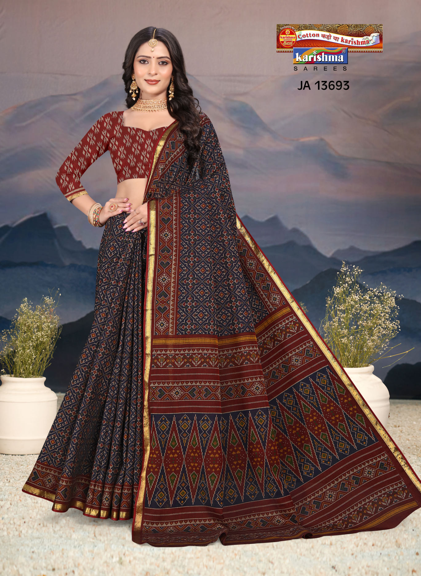 Navy Blue and Red muslin saree [sku:JA 13693]