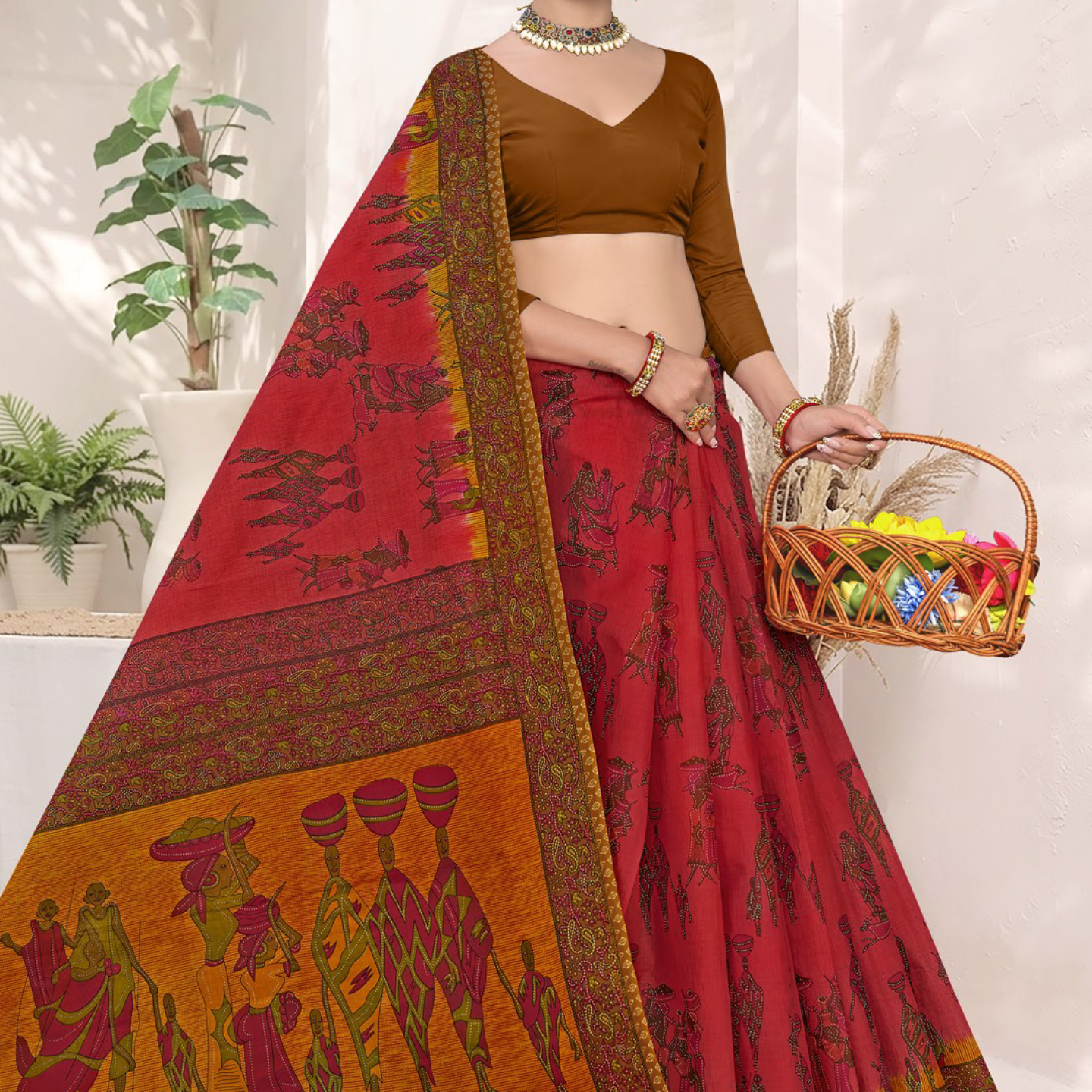 Red and Brown cotton saree [sku:BV-24271]