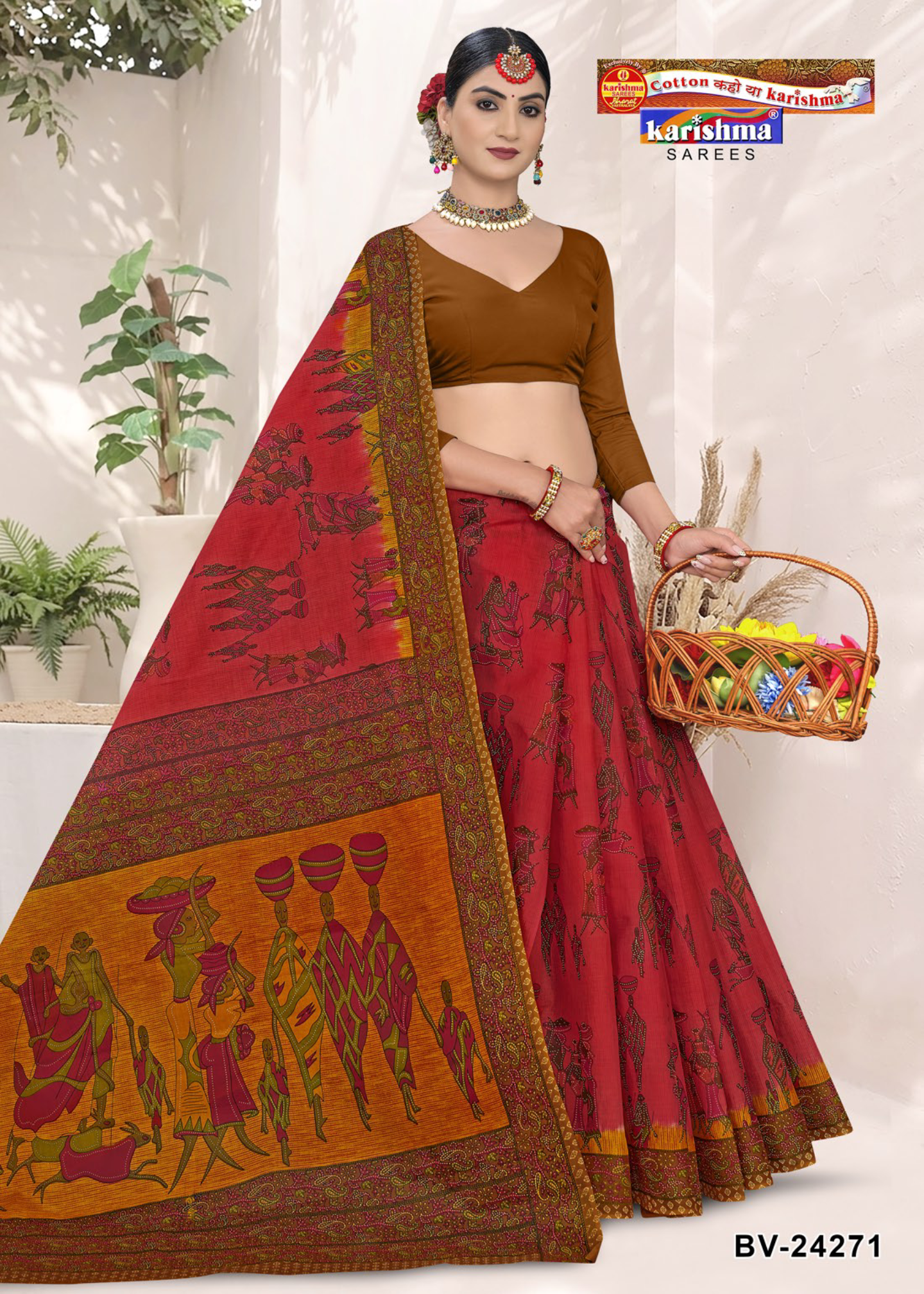 Red and Brown cotton saree [sku:BV-24271]