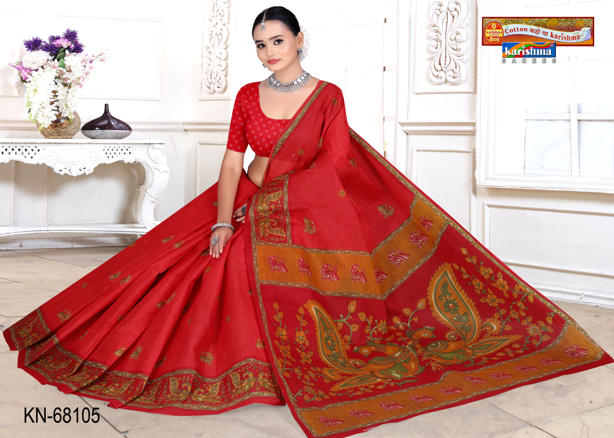 Red cotton saree [sku:KN-68105]