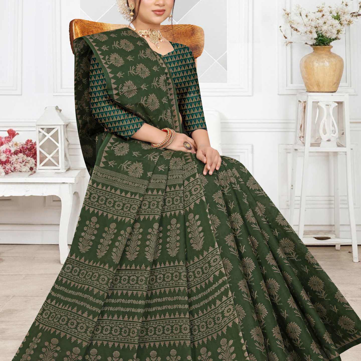 Dark Green cotton saree
