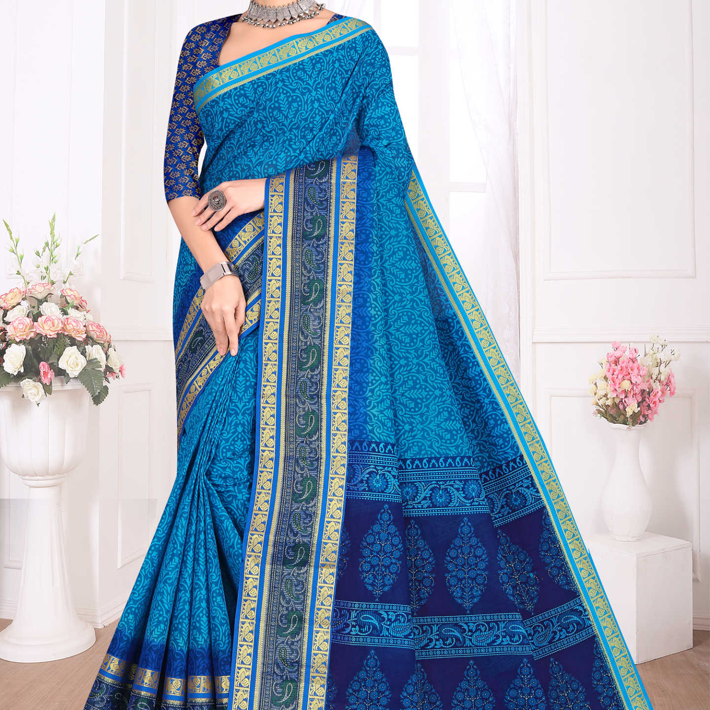 Blue and Navy Blue cotton saree