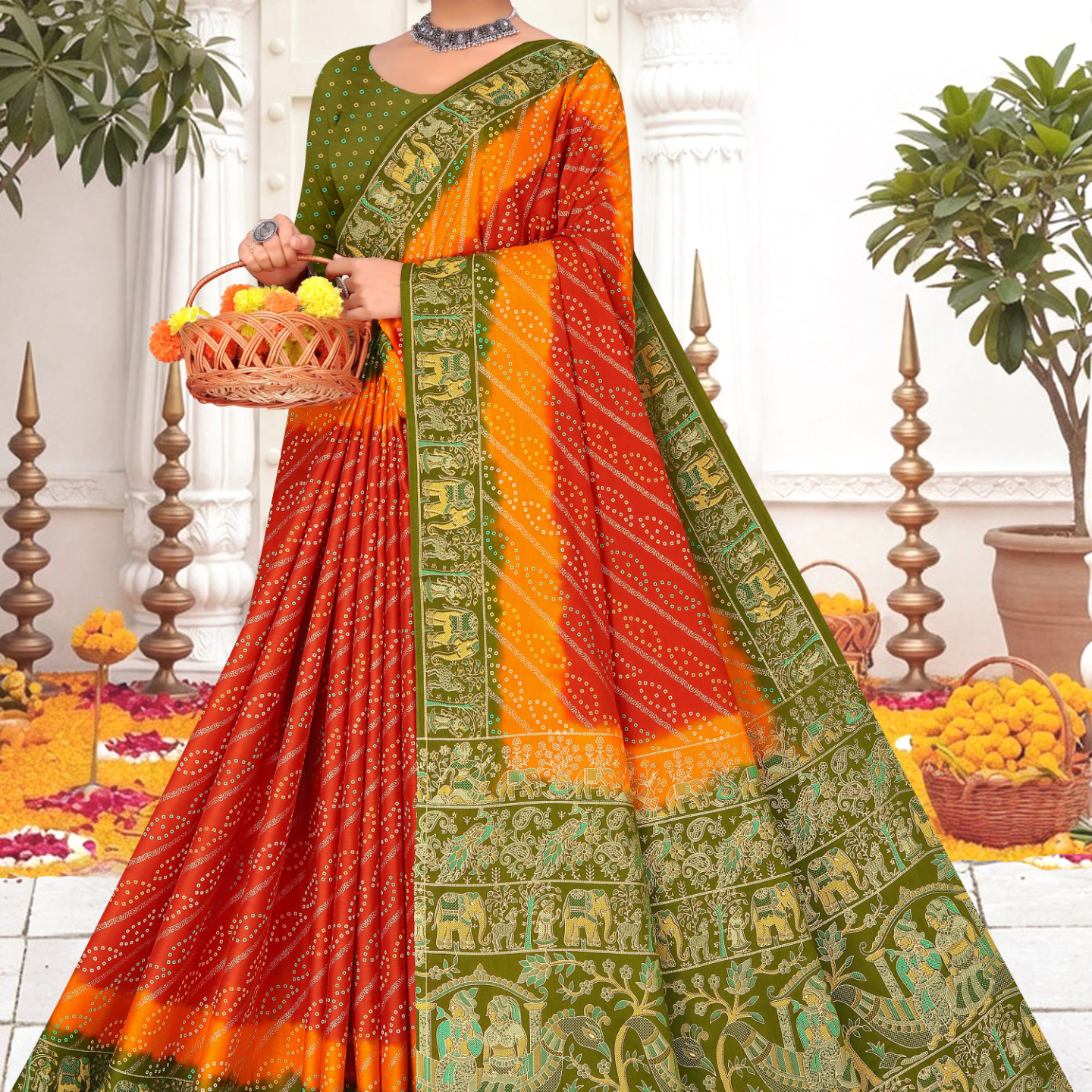 Red, Orange and Green malai saree [sku:KN-67899]