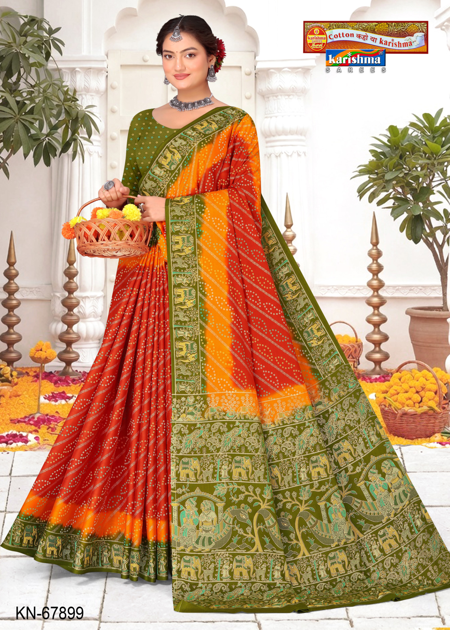 Red, Orange and Green malai saree [sku:KN-67899]